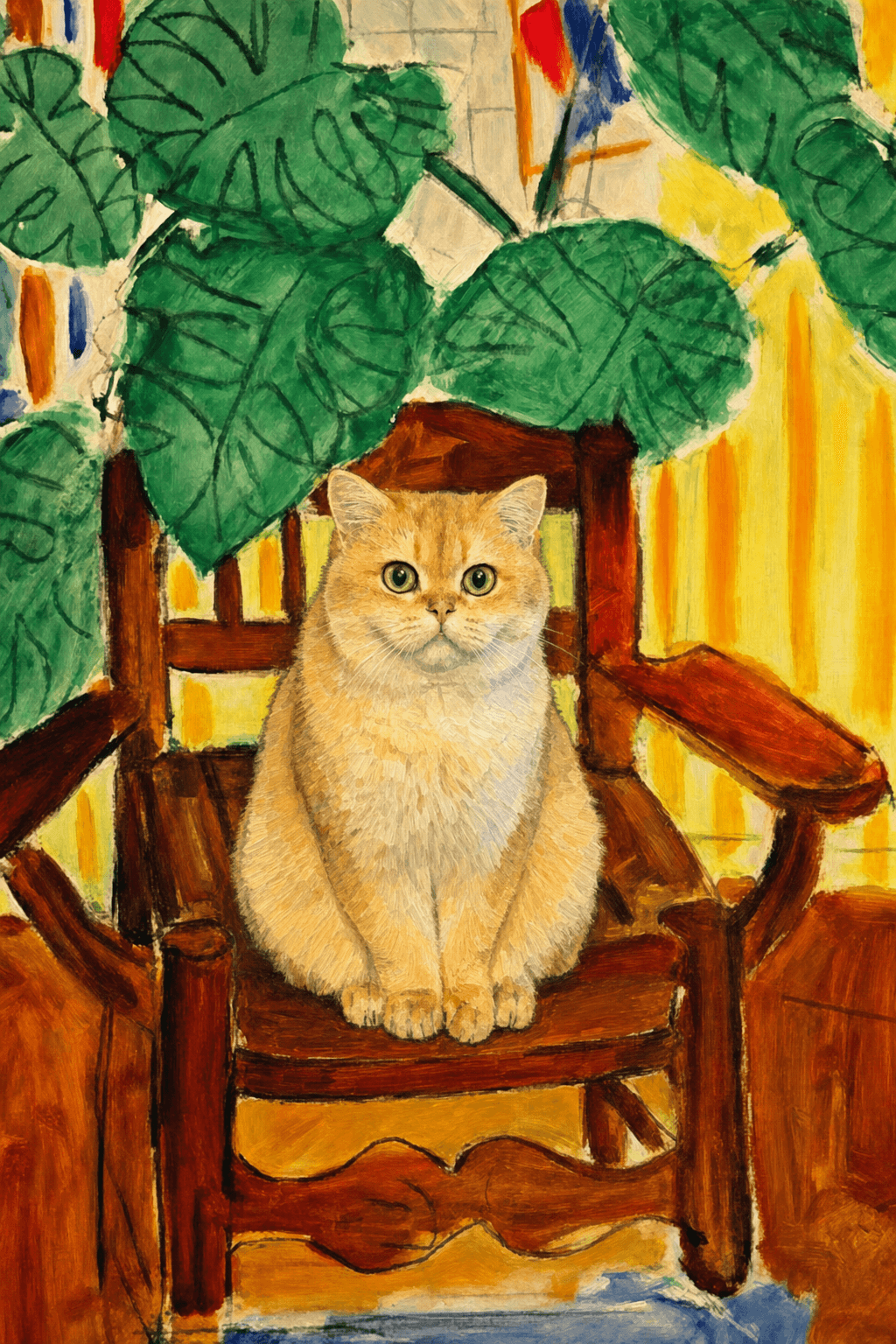A pet sitting on a brown chair, looking at the viewer. Colors are applied with minimal blending, creating a flat, illustrative feel. The brushwork is broad, rapid, and direct. Strokes are loose, visible, applied thinly, defining the forms quickly without building up significant physical texture or impasto on the surface.