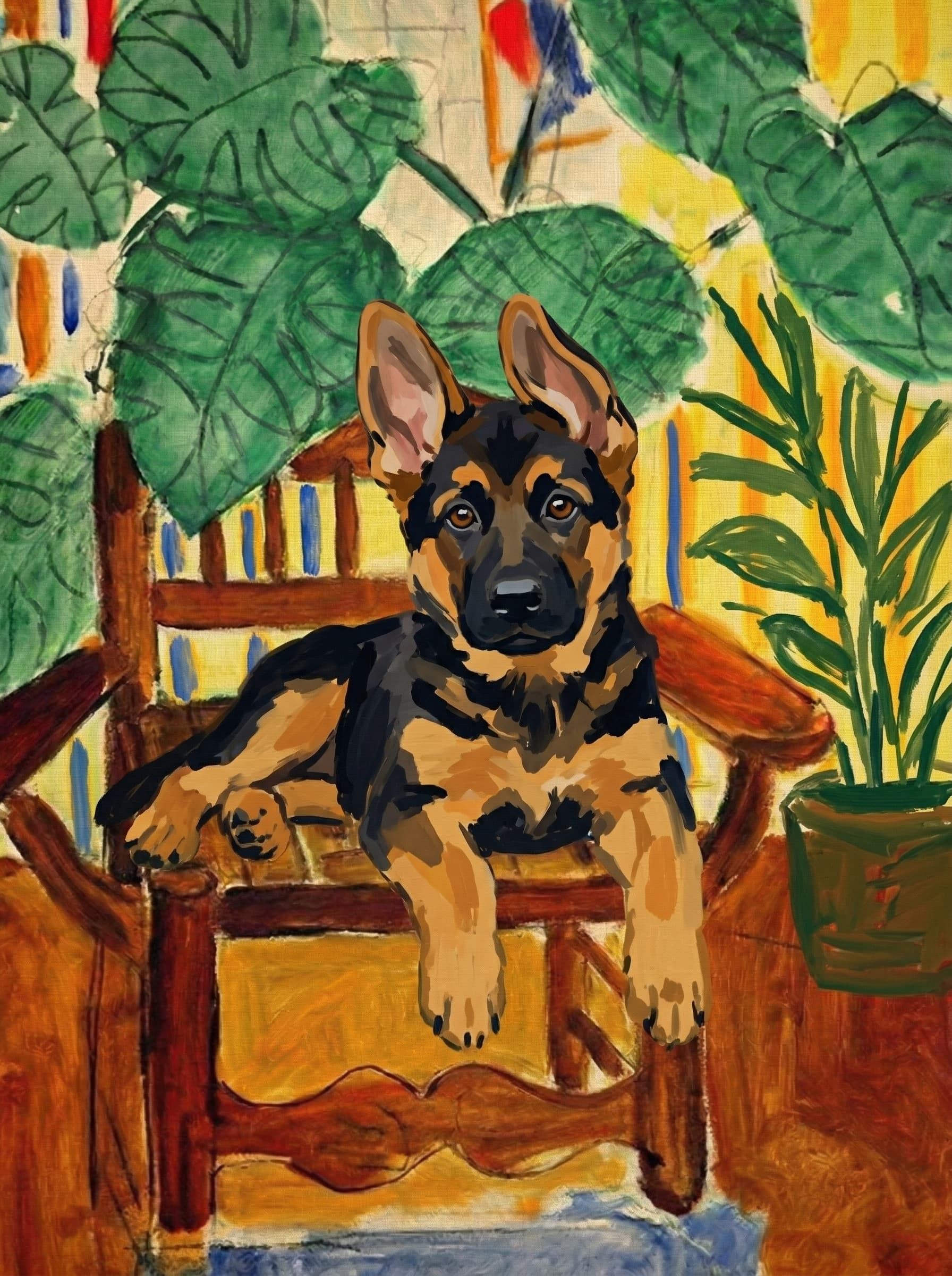 A pet sitting on a brown chair, looking at the viewer. Colors are applied with minimal blending, creating a flat, illustrative feel. The brushwork is broad, rapid, and direct. Strokes are loose, visible, applied thinly, defining the forms quickly without building up significant physical texture or impasto on the surface.