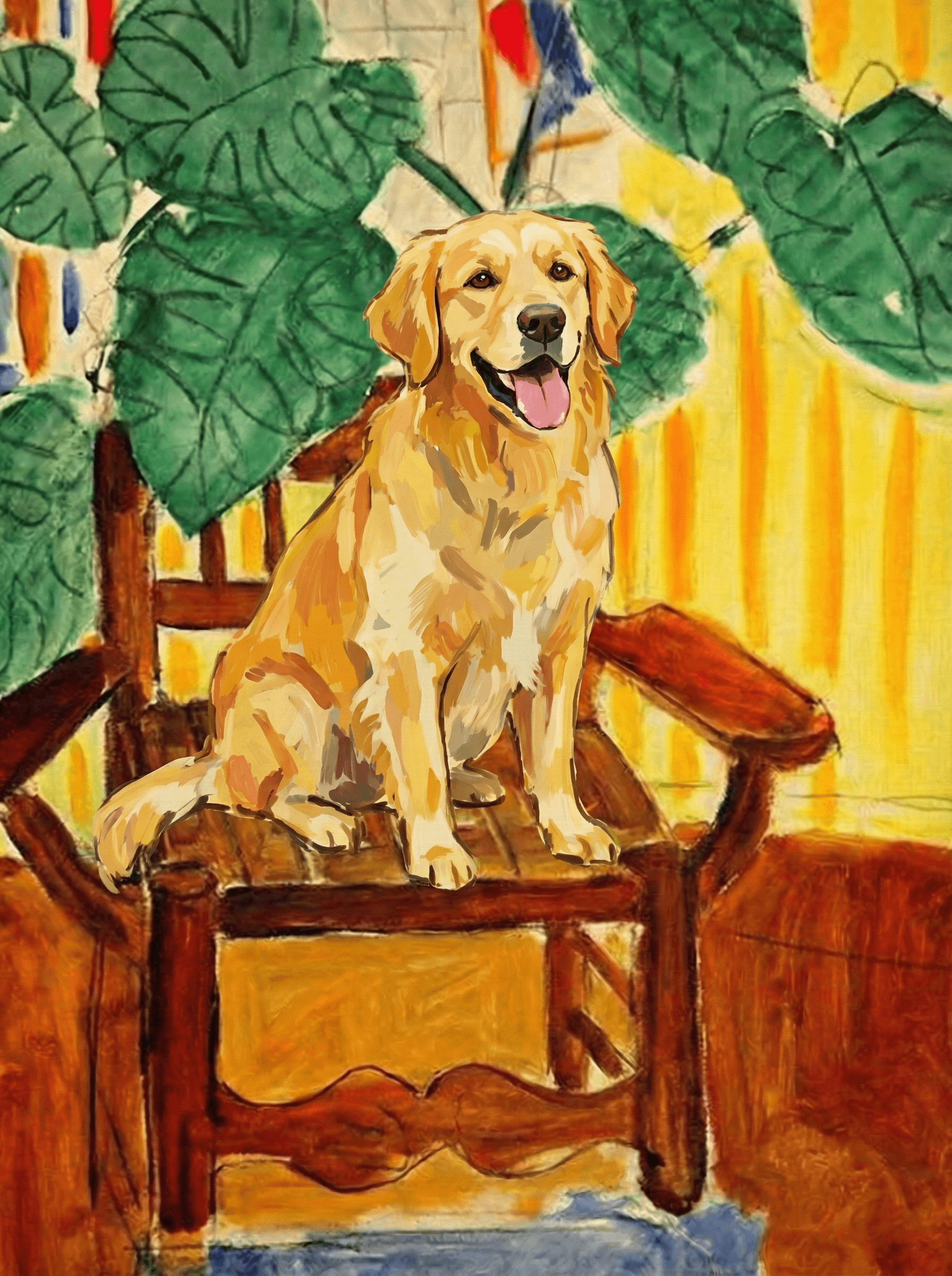 A pet sitting on a brown chair, looking at the viewer. Colors are applied with minimal blending, creating a flat, illustrative feel. The brushwork is broad, rapid, and direct. Strokes are loose, visible, applied thinly, defining the forms quickly without building up significant physical texture or impasto on the surface.