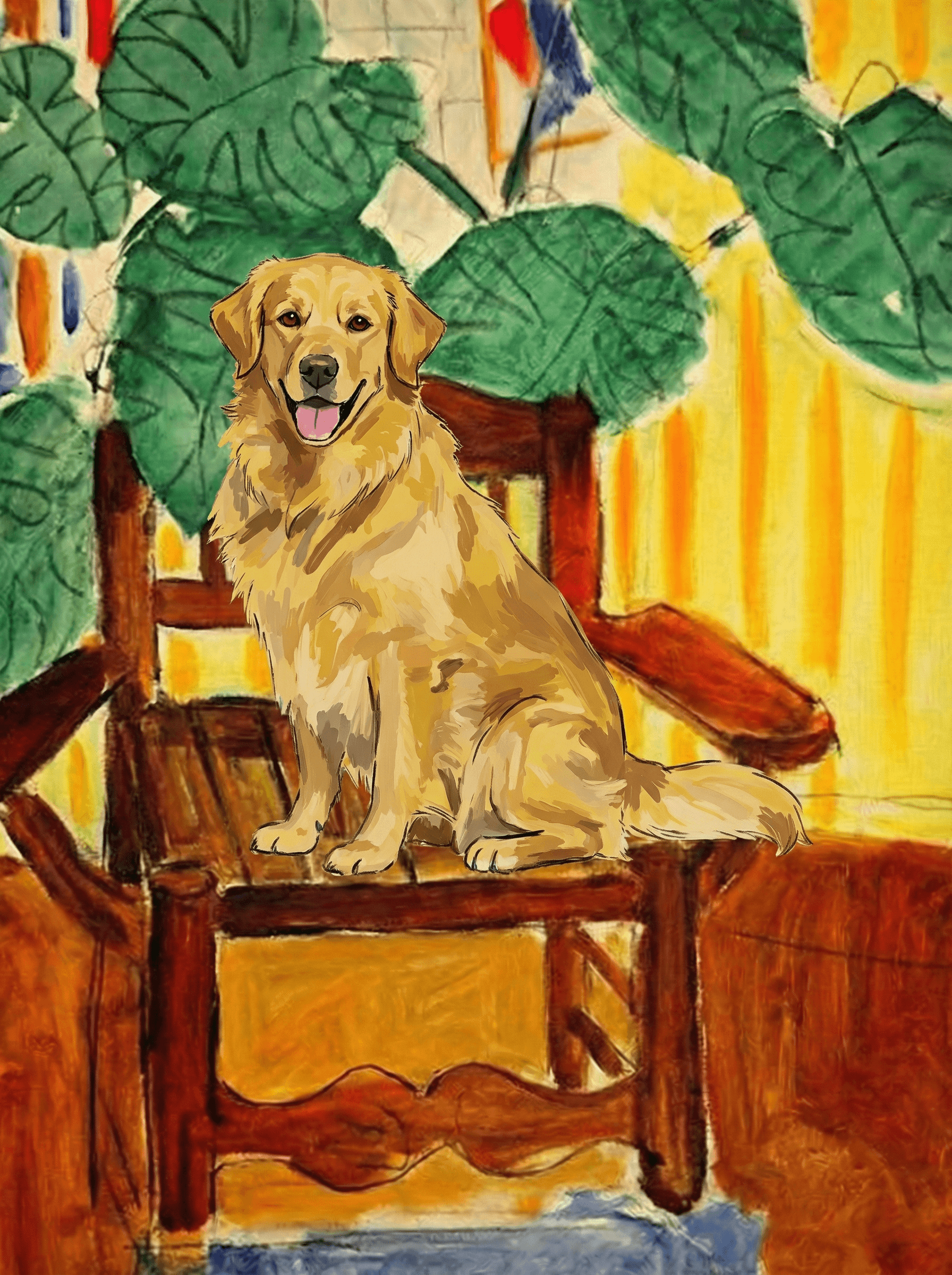 A pet sitting on a brown chair, looking at the viewer. Colors are applied with minimal blending, creating a flat, illustrative feel. The brushwork is broad, rapid, and direct. Strokes are loose, visible, applied thinly, defining the forms quickly without building up significant physical texture or impasto on the surface.