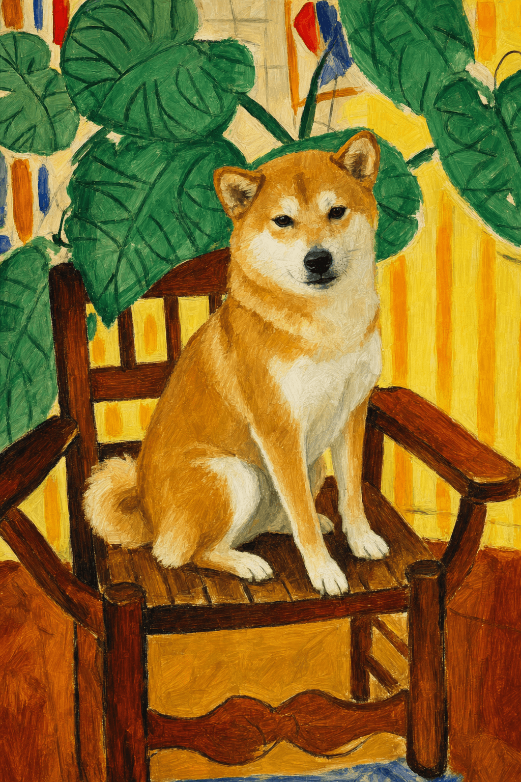 A pet sitting on a brown chair, looking at the viewer. Colors are applied with minimal blending, creating a flat, illustrative feel. The brushwork is broad, rapid, and direct. Strokes are loose, visible, applied thinly, defining the forms quickly without building up significant physical texture or impasto on the surface.