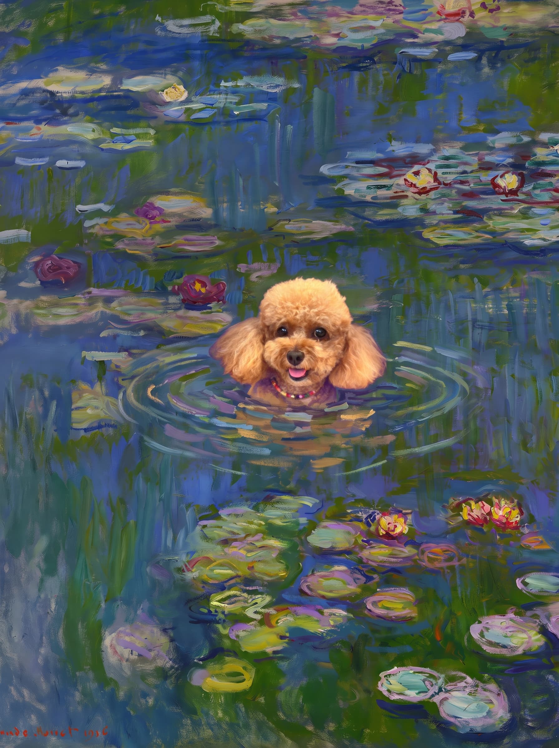 The pet should appear naturally integrated into the middle of the pond, swimming calmly through the water with only its head, upper neck, and a subtle suggestion of its back visible above the surface.
      The pet should be facing forward and looking directly at the viewer. Its wet fur should be suggested through painterly strokes.
      Blend the pet into the scene using Monet-like impressionist oil painting techniques: visible layered brushstrokes, soft broken color, blue-green reflections, violet shadows, golden-orange highlights, and shimmering ripples around the pet. 
      The water should partially obscure the pet’s body, with delicate circular ripples spreading outward. Nearby lily pads and water lilies should remain undisturbed but subtly interact with the ripples.
      The pet must feel like it was originally painted into the artwork, not pasted on top. Match the atmospheric softness, painterly texture, scale, perspective, and color harmony of the original Water Lilies painting. 
      Avoid photorealism, sharp outlines, modern digital effects, or excessive detail. The final image should look like a whimsical impressionist oil painting in the spirit of late Monet, with the pet quietly swimming among the lily pads at the center of the pond.
      Art Style: Paint in Fauvism, post-impressionism style. Use simplified shapes, exaggerates color, and flattens perspective to create charm and personality.
Use saturated, non-naturalistic colors and flattened perspective reminiscent of Henri Matisse.
The brushwork is loose, visible, and painterly, with uneven strokes that give the surface texture and movement.
Paint with large areas of flat color patches, simplified shapes, bold decorative outlines, and minimal blending.
The composition is flattened and slightly distorted, with compressed perspective.
The painting is expressive, utilizing thick, confident strokes and quick, rhythmic marks that prioritize texture and visual energy over realistic blending or depth.