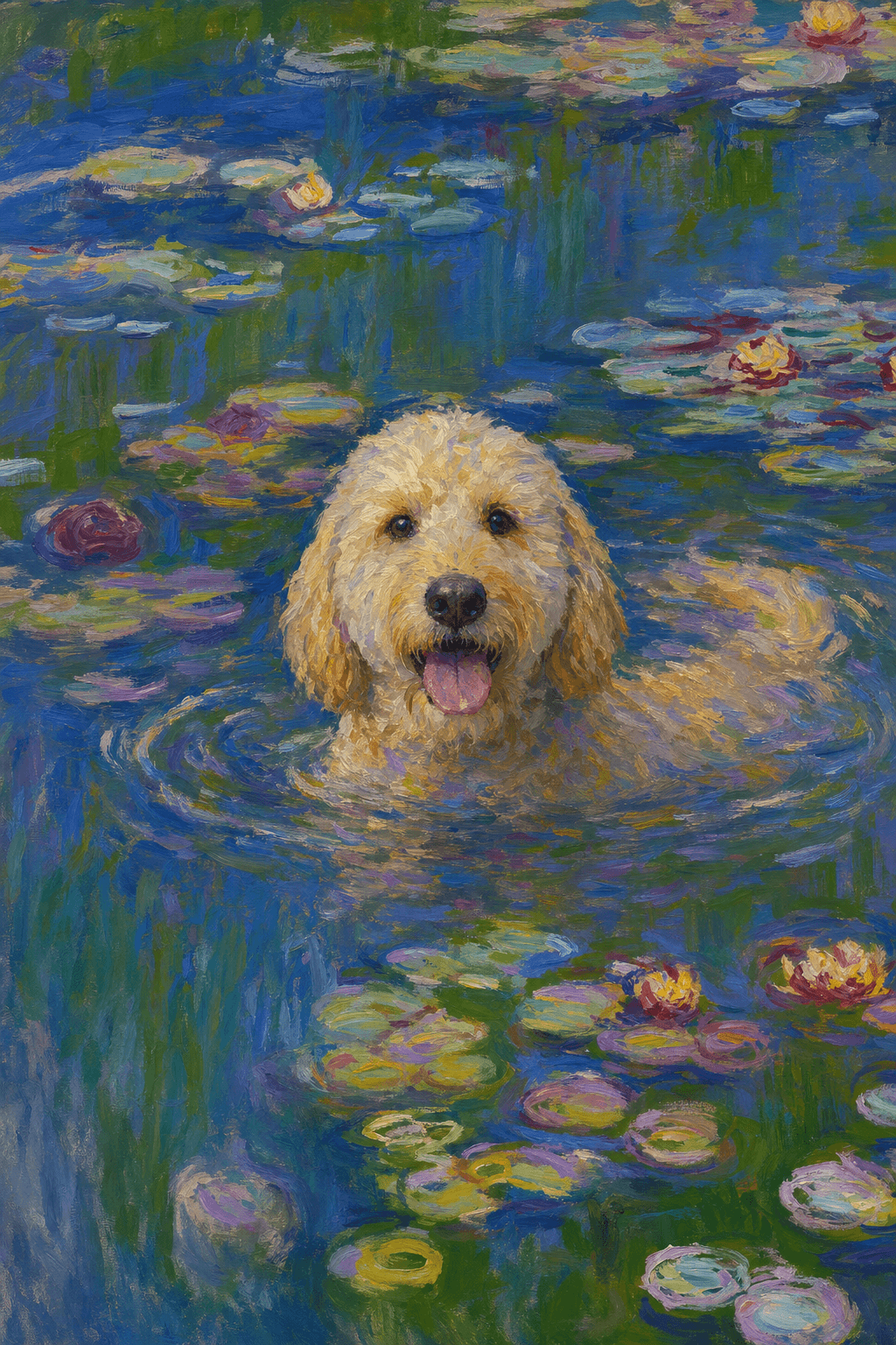 The pet should appear naturally integrated into the middle of the pond, swimming calmly through the water with only its head, upper neck, and a subtle suggestion of its back visible above the surface.
The pet should be facing forward and looking directly at the viewer. Its wet fur should be suggested through painterly strokes.
Blend the pet into the scene using Monet-like impressionist oil painting techniques: visible layered brushstrokes, soft broken color, blue-green reflections, violet shadows, golden-orange highlights, and shimmering ripples around the pet.
The water should partially obscure the pet’s body, with delicate circular ripples spreading outward. Nearby lily pads and water lilies should remain undisturbed but subtly interact with the ripples.
The pet must feel like it was originally painted into the artwork, not pasted on top. Match the atmospheric softness, painterly texture, scale, perspective, and color harmony of the original Water Lilies painting.
Avoid photorealism, sharp outlines, modern digital effects, or excessive detail. The final image should look like a whimsical impressionist oil painting in the spirit of late Monet, with the pet quietly swimming among the lily pads at the center of the pond.
Art Style: Paint in Fauvism, post-impressionism style. Use simplified shapes, exaggerates color, and flattens perspective to create charm and personality.
Use saturated, non-naturalistic colors and flattened perspective reminiscent of Henri Matisse.
The brushwork is loose, visible, and painterly, with uneven strokes that give the surface texture and movement.
Paint with large areas of flat color patches, simplified shapes, bold decorative outlines, and minimal blending.
The composition is flattened and slightly distorted, with compressed perspective.
The painting is expressive, utilizing thick, confident strokes and quick, rhythmic marks that prioritize texture and visual energy over realistic blending or depth.