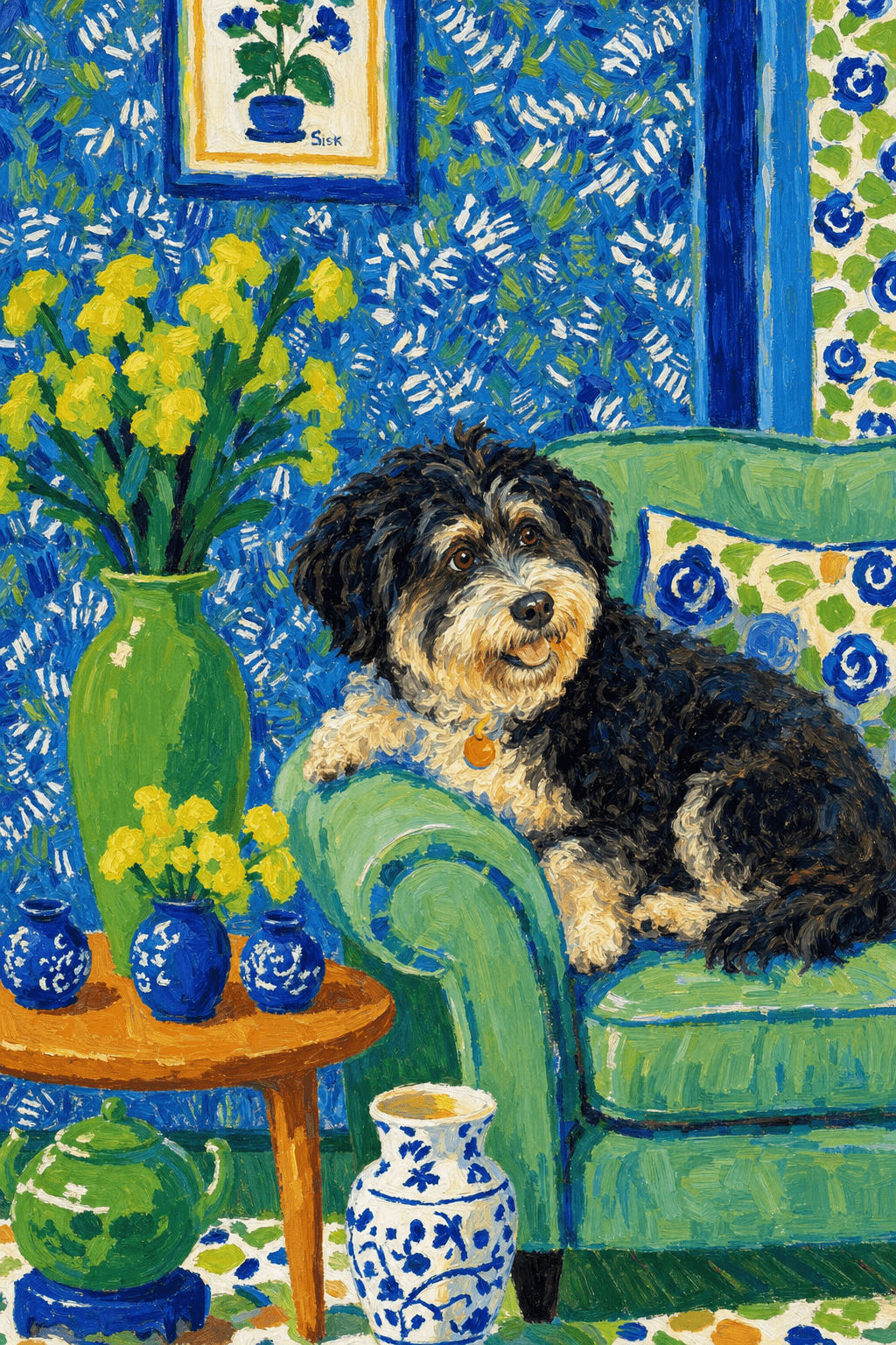 A pet lazy lying on the couch, with head tilt on the edge of couch, eye looking at the the vase. paint in post-impressionism style. Use saturated, non-naturalistic colors and flattened perspective reminiscent of Henri Matisse. painterly and expressive, utilizing thick, confident strokes and quick, rhythmic marks that prioritize texture and visual energy over realistic blending or depth.