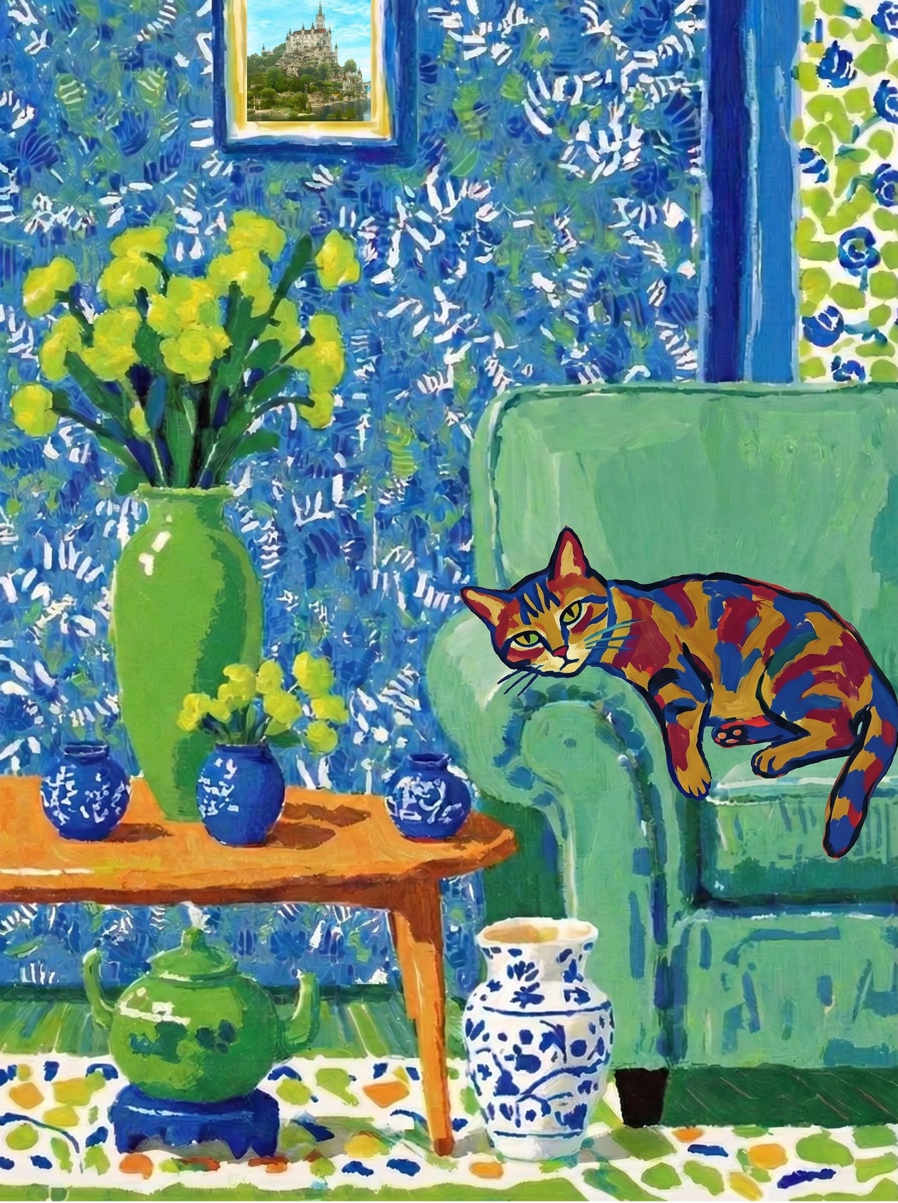 A pet lazy lying on the couch, with head tilt on the edge of couch, eye looking at the the vase. paint in post-impressionism style. Use saturated, non-naturalistic colors and flattened perspective reminiscent of Henri Matisse. painterly and expressive, utilizing thick, confident strokes and quick, rhythmic marks that prioritize texture and visual energy over realistic blending or depth.