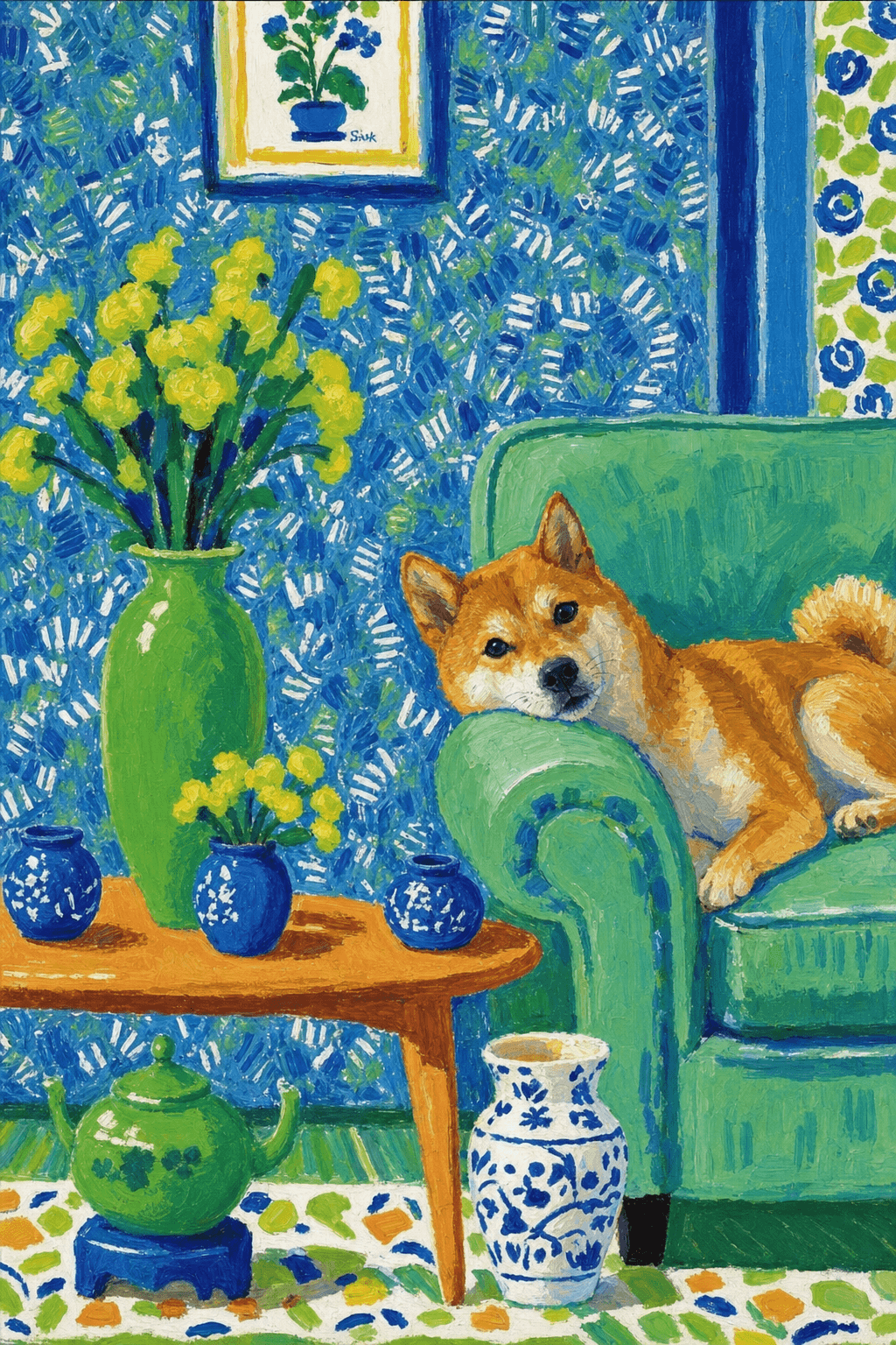 A pet lazy lying on the couch, with head tilt on the edge of couch, eye looking at the the vase. paint in post-impressionism style. Use saturated, non-naturalistic colors and flattened perspective reminiscent of Henri Matisse. painterly and expressive, utilizing thick, confident strokes and quick, rhythmic marks that prioritize texture and visual energy over realistic blending or depth.