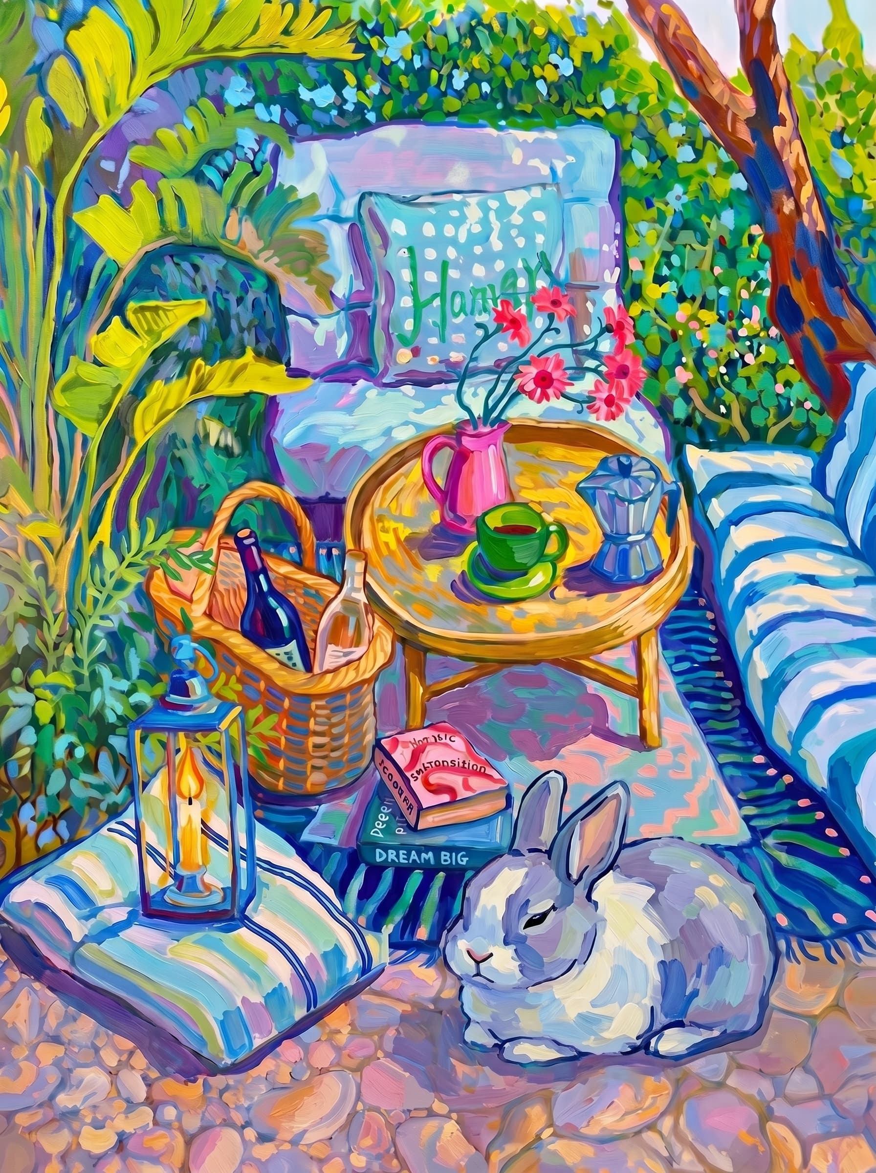 a cozy garden patio filled with lush tropical greenery, blue-and-white striped cushions, a round rattan table, picnic basket, lantern, books, flowers.
      The pet is lazily resting in the foreground, almost fall asleep with a relaxed and content expression.
      The composition feels intimate and inviting, with foliage and a tree trunk framing the scene, the circular table anchoring the center, and expressive brushwork plus dappled light creating a lively, relaxed outdoor atmosphere.
      Art Style: Paint in Fauvism, post-impressionism style. Use simplified shapes, exaggerates color, and flattens perspective to create charm and personality.
Use saturated, non-naturalistic colors and flattened perspective reminiscent of Henri Matisse.
The brushwork is loose, visible, and painterly, with uneven strokes that give the surface texture and movement.
Paint with large areas of flat color patches, simplified shapes, bold decorative outlines, and minimal blending.
The composition is flattened and slightly distorted, with compressed perspective.
The painting is expressive, utilizing thick, confident strokes and quick, rhythmic marks that prioritize texture and visual energy over realistic blending or depth.