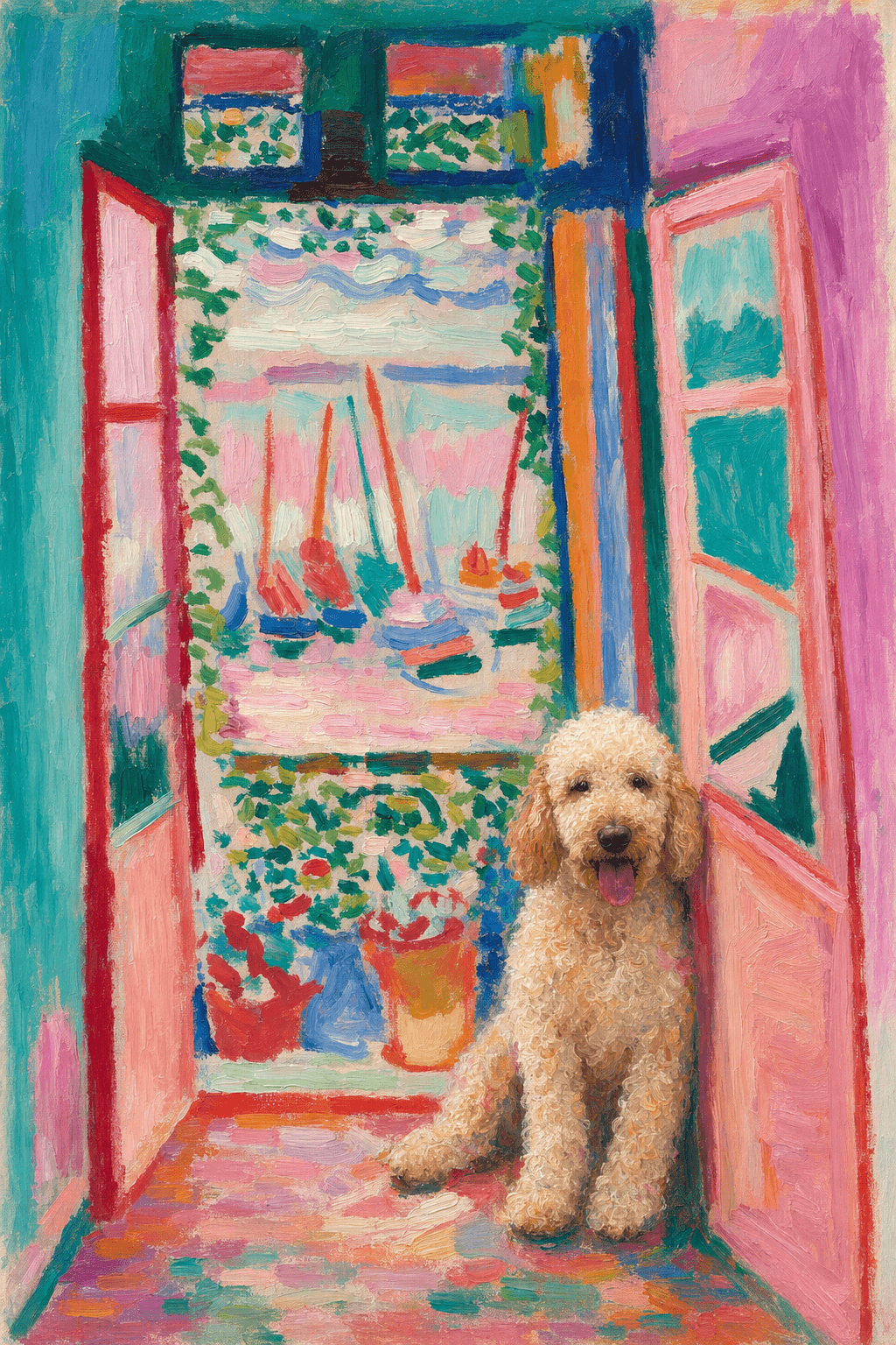 A pet sitting on the right bottom frame of an open door, with its back to the opening while facing the room, looking at the viewer, slight leaning on the right-side door panel. Paint in post-impressionism style. Use loosely painted, vibrantly colored, stylized, vertical painting.