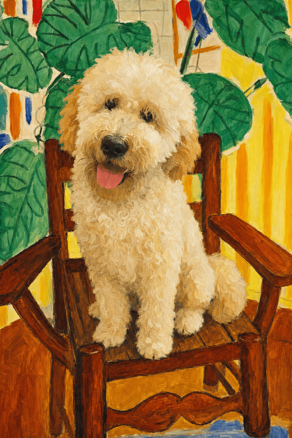 A pet sitting on a brown chair, looking at the viewer. Colors are applied with minimal blending, creating a flat, illustrative feel. The brushwork is broad, rapid, and direct. Strokes are loose, visible, applied thinly, defining the forms quickly without building up significant physical texture or impasto on the surface.