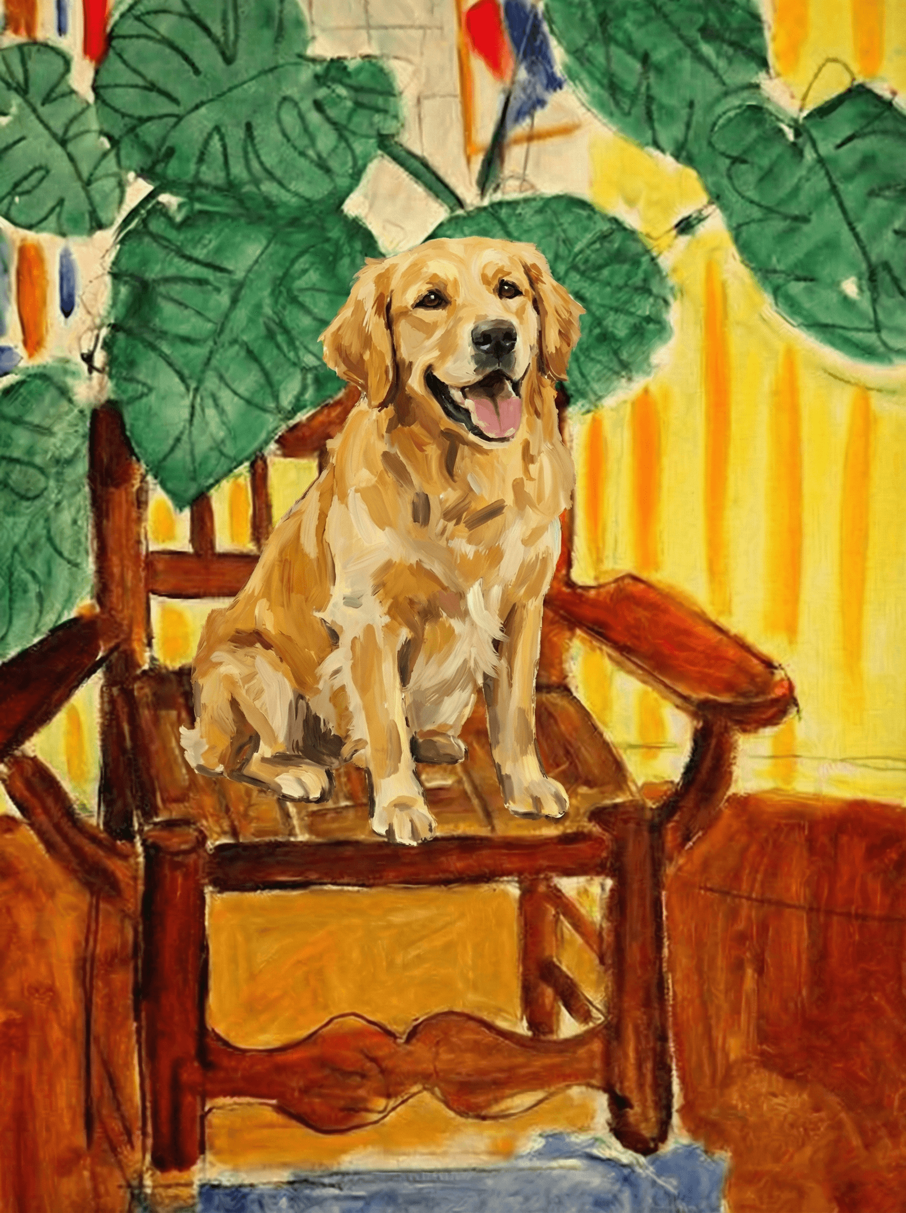 A pet sitting on a brown chair, looking at the viewer. Colors are applied with minimal blending, creating a flat, illustrative feel. The brushwork is broad, rapid, and direct. Strokes are loose, visible, applied thinly, defining the forms quickly without building up significant physical texture or impasto on the surface.