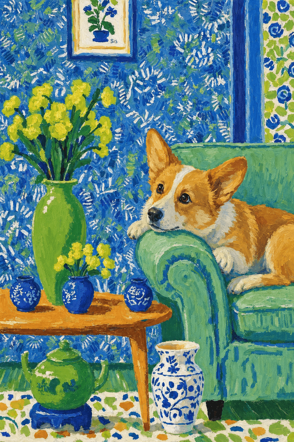 A pet lazy lying on the couch, with head tilt on the edge of couch, eye looking at the the vase. paint in post-impressionism style. Use saturated, non-naturalistic colors and flattened perspective reminiscent of Henri Matisse. painterly and expressive, utilizing thick, confident strokes and quick, rhythmic marks that prioritize texture and visual energy over realistic blending or depth.