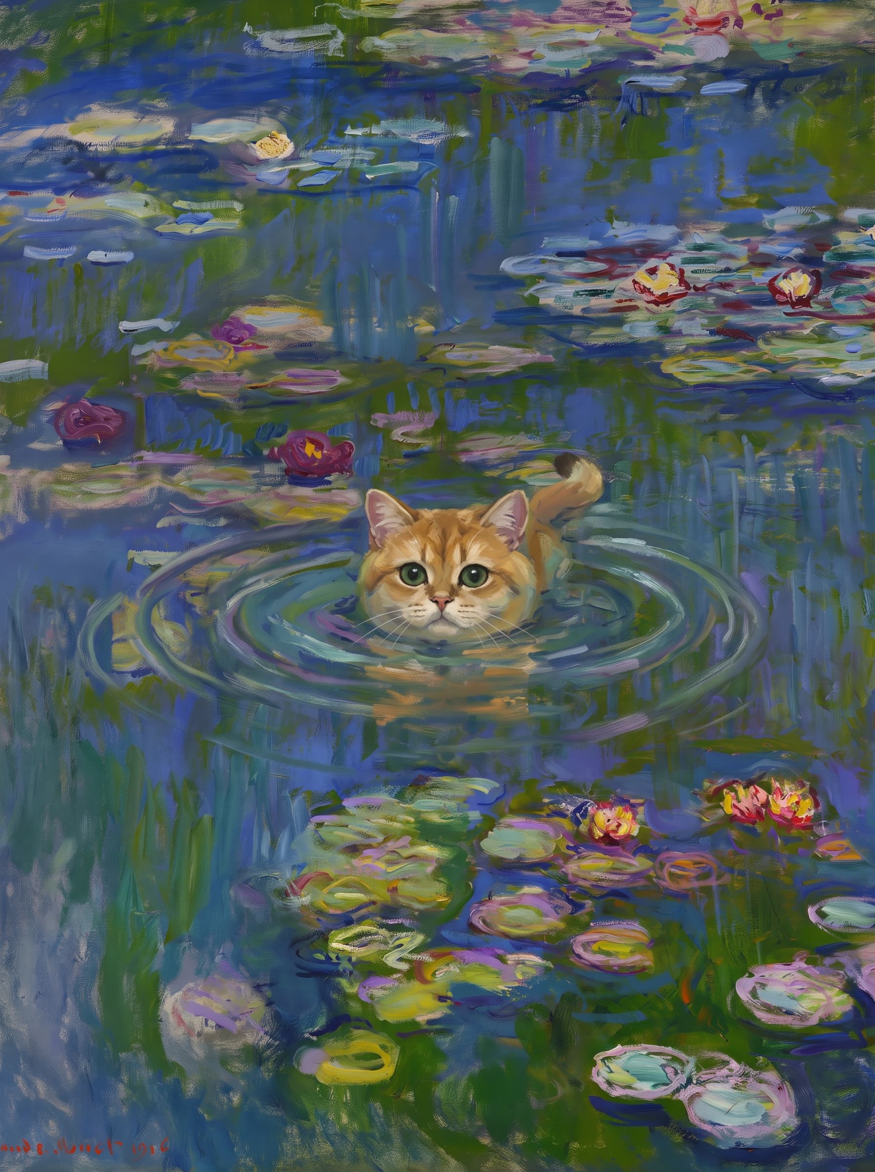 The pet should appear naturally integrated into the middle of the pond, swimming calmly through the water with only its head, upper neck, and a subtle suggestion of its back visible above the surface.
      The pet should be facing forward and looking directly at the viewer. Its wet fur should be suggested through painterly strokes.
      Blend the pet into the scene using Monet-like impressionist oil painting techniques: visible layered brushstrokes, soft broken color, blue-green reflections, violet shadows, golden-orange highlights, and shimmering ripples around the pet. 
      The water should partially obscure the pet’s body, with delicate circular ripples spreading outward. Nearby lily pads and water lilies should remain undisturbed but subtly interact with the ripples.
      The pet must feel like it was originally painted into the artwork, not pasted on top. Match the atmospheric softness, painterly texture, scale, perspective, and color harmony of the original Water Lilies painting. 
      Avoid photorealism, sharp outlines, modern digital effects, or excessive detail. The final image should look like a whimsical impressionist oil painting in the spirit of late Monet, with the pet quietly swimming among the lily pads at the center of the pond.
      Art Style: Paint in Fauvism, post-impressionism style. Use simplified shapes, exaggerates color, and flattens perspective to create charm and personality.
Use saturated, non-naturalistic colors and flattened perspective reminiscent of Henri Matisse.
The brushwork is loose, visible, and painterly, with uneven strokes that give the surface texture and movement.
Paint with large areas of flat color patches, simplified shapes, bold decorative outlines, and minimal blending.
The composition is flattened and slightly distorted, with compressed perspective.
The painting is expressive, utilizing thick, confident strokes and quick, rhythmic marks that prioritize texture and visual energy over realistic blending or depth.