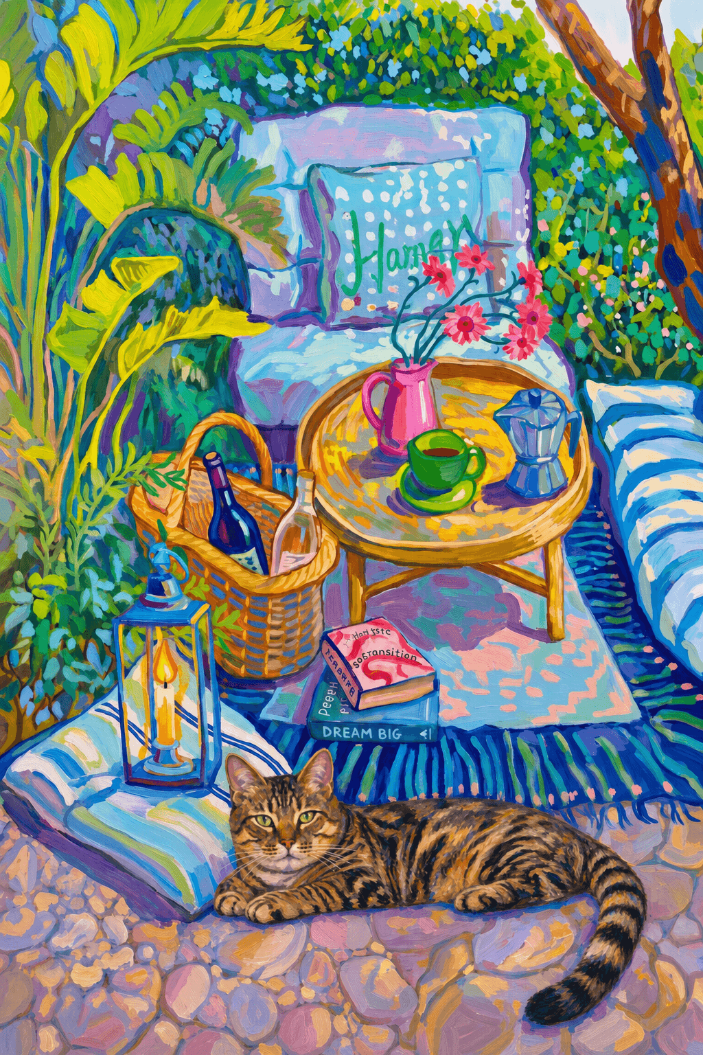 a cozy garden patio filled with lush tropical greenery, blue-and-white striped cushions, a round rattan table, picnic basket, lantern, books, flowers.
      The pet is lazily resting in the foreground, almost fall asleep with a relaxed and content expression.
      The composition feels intimate and inviting, with foliage and a tree trunk framing the scene, the circular table anchoring the center, and expressive brushwork plus dappled light creating a lively, relaxed outdoor atmosphere.
      Art Style: Paint in Fauvism, post-impressionism style. Use simplified shapes, exaggerates color, and flattens perspective to create charm and personality.
Use saturated, non-naturalistic colors and flattened perspective reminiscent of Henri Matisse.
The brushwork is loose, visible, and painterly, with uneven strokes that give the surface texture and movement.
Paint with large areas of flat color patches, simplified shapes, bold decorative outlines, and minimal blending.
The composition is flattened and slightly distorted, with compressed perspective.
The painting is expressive, utilizing thick, confident strokes and quick, rhythmic marks that prioritize texture and visual energy over realistic blending or depth.