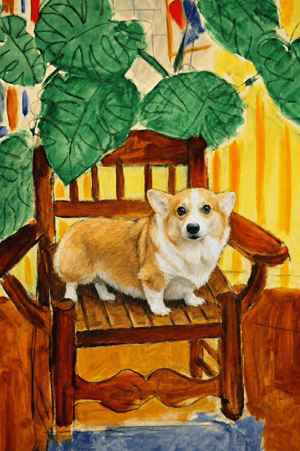 A pet sitting on a brown chair, looking at the viewer. Colors are applied with minimal blending, creating a flat, illustrative feel. The brushwork is broad, rapid, and direct. Strokes are loose, visible, applied thinly, defining the forms quickly without building up significant physical texture or impasto on the surface.