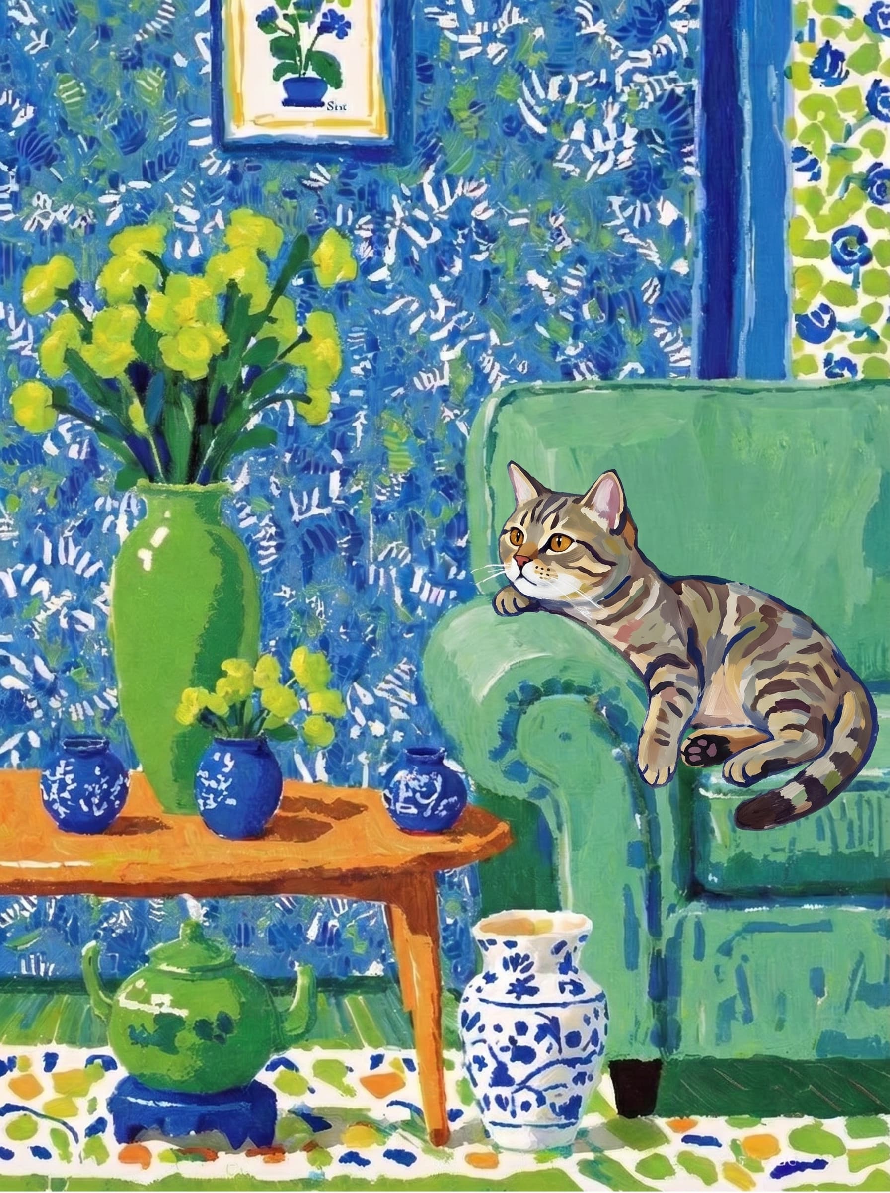 A pet lazy lying on the couch, with head tilt on the edge of couch, eye looking at the the vase. Art Style: Paint in Fauvism, post-impressionism style. Use simplified shapes, exaggerates color, and flattens perspective to create charm and personality.
Use saturated, non-naturalistic colors and flattened perspective reminiscent of Henri Matisse.
The brushwork is loose, visible, and painterly, with uneven strokes that give the surface texture and movement.
Paint with large areas of flat color patches, simplified shapes, bold decorative outlines, and minimal blending.
The composition is flattened and slightly distorted, with compressed perspective.
The painting is expressive, utilizing thick, confident strokes and quick, rhythmic marks that prioritize texture and visual energy over realistic blending or depth.