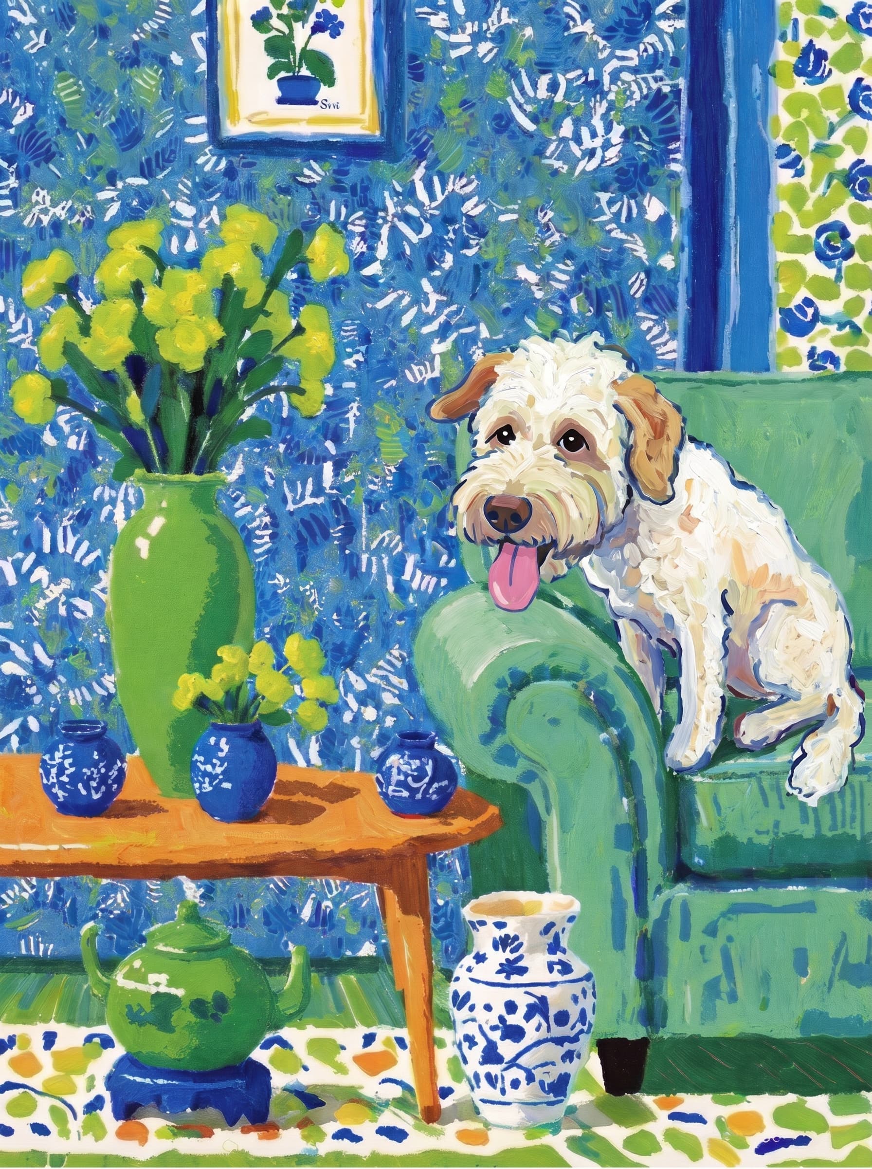 A pet lazy lying on the couch, with head tilt on the edge of couch, eye looking at the the vase. Art Style: Paint in Fauvism, post-impressionism style. Use simplified shapes, exaggerates color, and flattens perspective to create charm and personality.
Use saturated, non-naturalistic colors and flattened perspective reminiscent of Henri Matisse.
The brushwork is loose, visible, and painterly, with uneven strokes that give the surface texture and movement.
Paint with large areas of flat color patches, simplified shapes, bold decorative outlines, and minimal blending.
The composition is flattened and slightly distorted, with compressed perspective.
The painting is expressive, utilizing thick, confident strokes and quick, rhythmic marks that prioritize texture and visual energy over realistic blending or depth.
