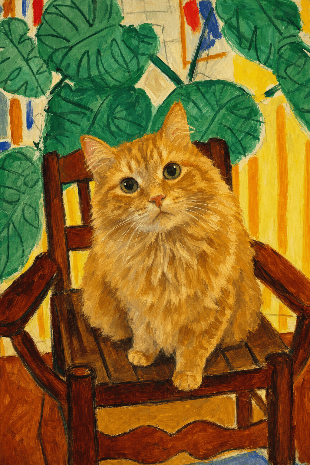 A pet sitting on a brown chair, looking at the viewer. Colors are applied with minimal blending, creating a flat, illustrative feel. The brushwork is broad, rapid, and direct. Strokes are loose, visible, applied thinly, defining the forms quickly without building up significant physical texture or impasto on the surface.