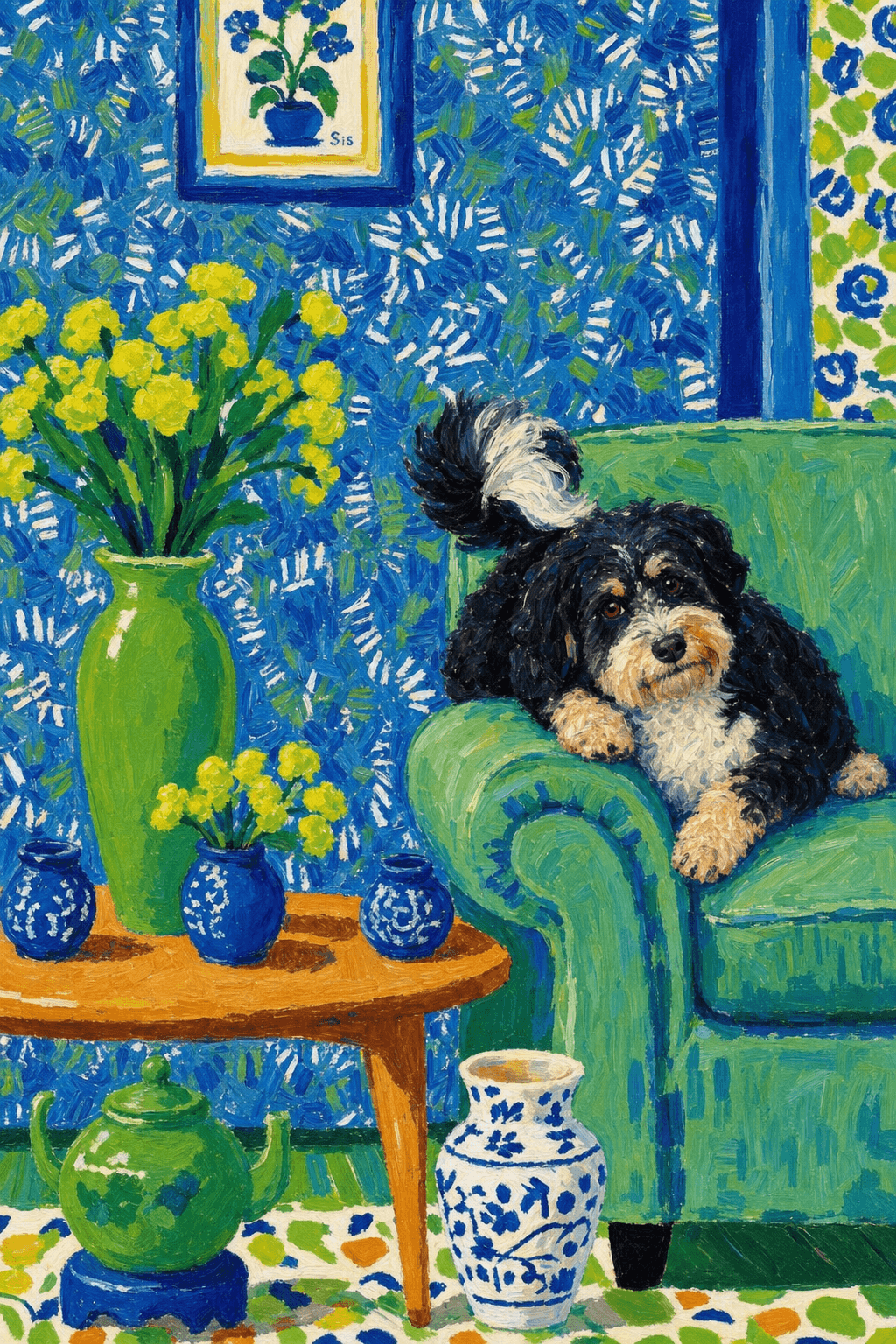A pet lazy lying on the couch, with head tilt on the edge of couch, eye looking at the the vase. paint in post-impressionism style. Use saturated, non-naturalistic colors and flattened perspective reminiscent of Henri Matisse. painterly and expressive, utilizing thick, confident strokes and quick, rhythmic marks that prioritize texture and visual energy over realistic blending or depth.