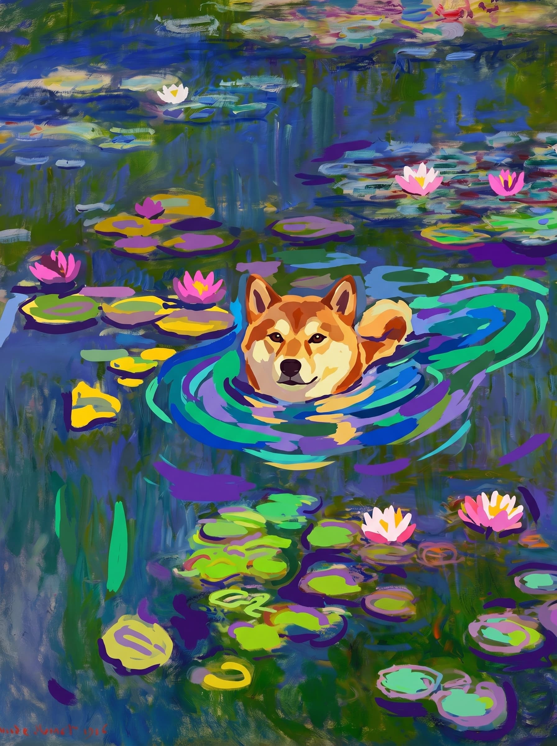 The pet should appear naturally integrated into the middle of the pond, swimming calmly through the water with only its head, upper neck, and a subtle suggestion of its back visible above the surface.
The pet should be facing forward and looking directly at the viewer. Its wet fur should be suggested through painterly strokes.
Blend the pet into the scene using Monet-like impressionist oil painting techniques: visible layered brushstrokes, soft broken color, blue-green reflections, violet shadows, golden-orange highlights, and shimmering ripples around the pet.
The water should partially obscure the pet’s body, with delicate circular ripples spreading outward. Nearby lily pads and water lilies should remain undisturbed but subtly interact with the ripples.
The pet must feel like it was originally painted into the artwork, not pasted on top. Match the atmospheric softness, painterly texture, scale, perspective, and color harmony of the original Water Lilies painting.
Avoid photorealism, sharp outlines, modern digital effects, or excessive detail. The final image should look like a whimsical impressionist oil painting in the spirit of late Monet, with the pet quietly swimming among the lily pads at the center of the pond.
Art Style: Paint in Fauvism, post-impressionism style. Use simplified shapes, exaggerates color, and flattens perspective to create charm and personality.
Use saturated, non-naturalistic colors and flattened perspective reminiscent of Henri Matisse.
The brushwork is loose, visible, and painterly, with uneven strokes that give the surface texture and movement.
Paint with large areas of flat color patches, simplified shapes, bold decorative outlines, and minimal blending.
The composition is flattened and slightly distorted, with compressed perspective.
The painting is expressive, utilizing thick, confident strokes and quick, rhythmic marks that prioritize texture and visual energy over realistic blending or depth.