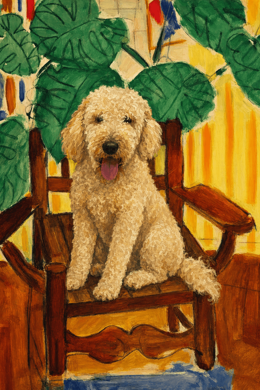 A pet sitting on a brown chair, looking at the viewer. Colors are applied with minimal blending, creating a flat, illustrative feel. The brushwork is broad, rapid, and direct. Strokes are loose, visible, applied thinly, defining the forms quickly without building up significant physical texture or impasto on the surface.