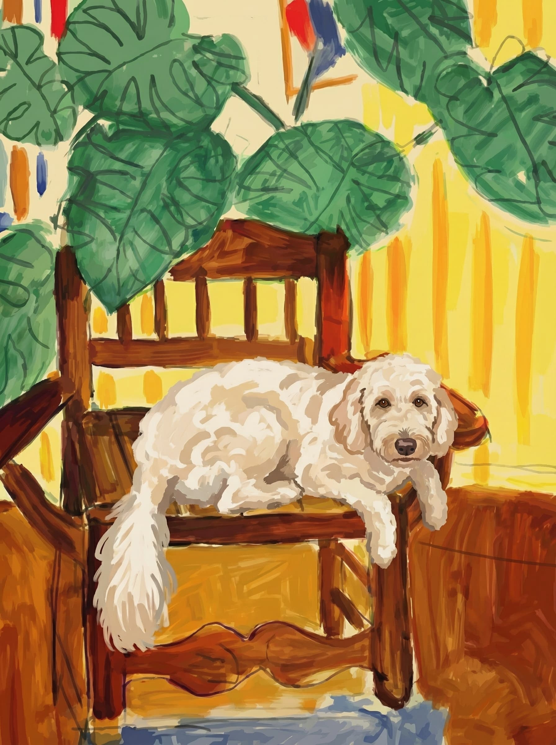 A pet sitting on a brown chair, looking at the viewer. Colors are applied with minimal blending, creating a flat, illustrative feel. The brushwork is broad, rapid, and direct. Strokes are loose, visible, applied thinly, defining the forms quickly without building up significant physical texture or impasto on the surface.