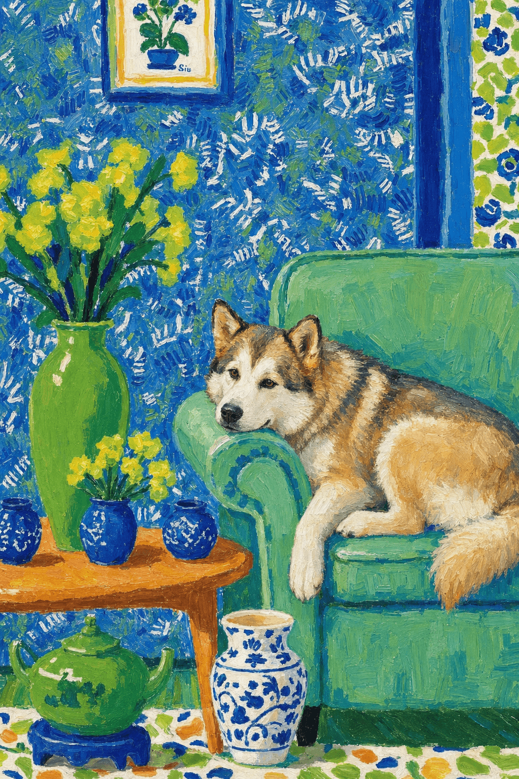 A pet lazy lying on the couch, with head tilt on the edge of couch, eye looking at the the vase. paint in post-impressionism style. Use saturated, non-naturalistic colors and flattened perspective reminiscent of Henri Matisse. painterly and expressive, utilizing thick, confident strokes and quick, rhythmic marks that prioritize texture and visual energy over realistic blending or depth.