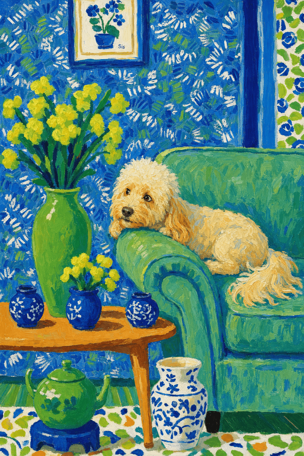 A pet lazy lying on the couch, with head tilt on the edge of couch, eye looking at the the vase. paint in post-impressionism style. Use saturated, non-naturalistic colors and flattened perspective reminiscent of Henri Matisse. painterly and expressive, utilizing thick, confident strokes and quick, rhythmic marks that prioritize texture and visual energy over realistic blending or depth.