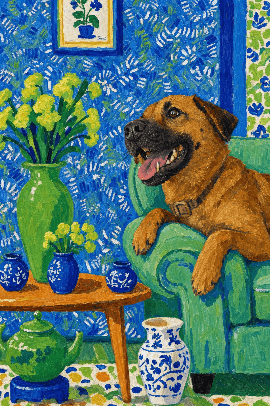 A pet lazy lying on the couch, with head tilt on the edge of couch, eye looking at the the vase. paint in post-impressionism style. Use saturated, non-naturalistic colors and flattened perspective reminiscent of Henri Matisse. painterly and expressive, utilizing thick, confident strokes and quick, rhythmic marks that prioritize texture and visual energy over realistic blending or depth.
