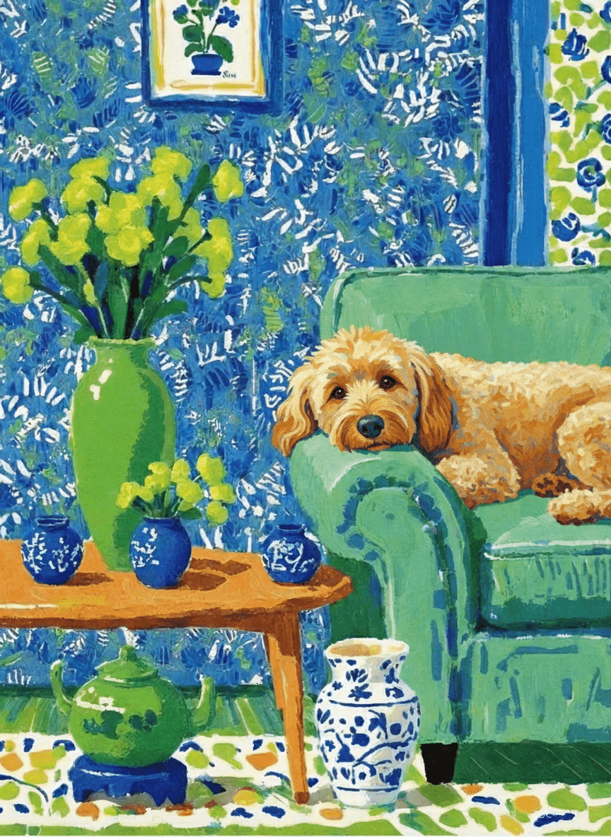 A pet lazy lying on the couch, with head tilt on the edge of couch, eye looking at the the vase. paint in post-impressionism style. Use saturated, non-naturalistic colors and flattened perspective reminiscent of Henri Matisse. painterly and expressive, utilizing thick, confident strokes and quick, rhythmic marks that prioritize texture and visual energy over realistic blending or depth.