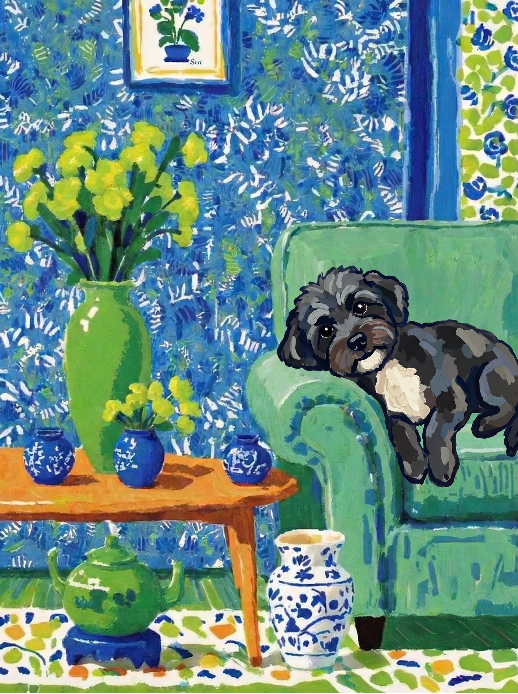 A pet lazy lying on the couch, with head tilt on the edge of couch, eye looking at the the vase. Art Style: Paint in Fauvism, post-impressionism style. Use simplified shapes, exaggerates color, and flattens perspective to create charm and personality.
Use saturated, non-naturalistic colors and flattened perspective reminiscent of Henri Matisse.
The brushwork is loose, visible, and painterly, with uneven strokes that give the surface texture and movement.
Paint with large areas of flat color patches, simplified shapes, bold decorative outlines, and minimal blending.
The composition is flattened and slightly distorted, with compressed perspective.
The painting is expressive, utilizing thick, confident strokes and quick, rhythmic marks that prioritize texture and visual energy over realistic blending or depth.