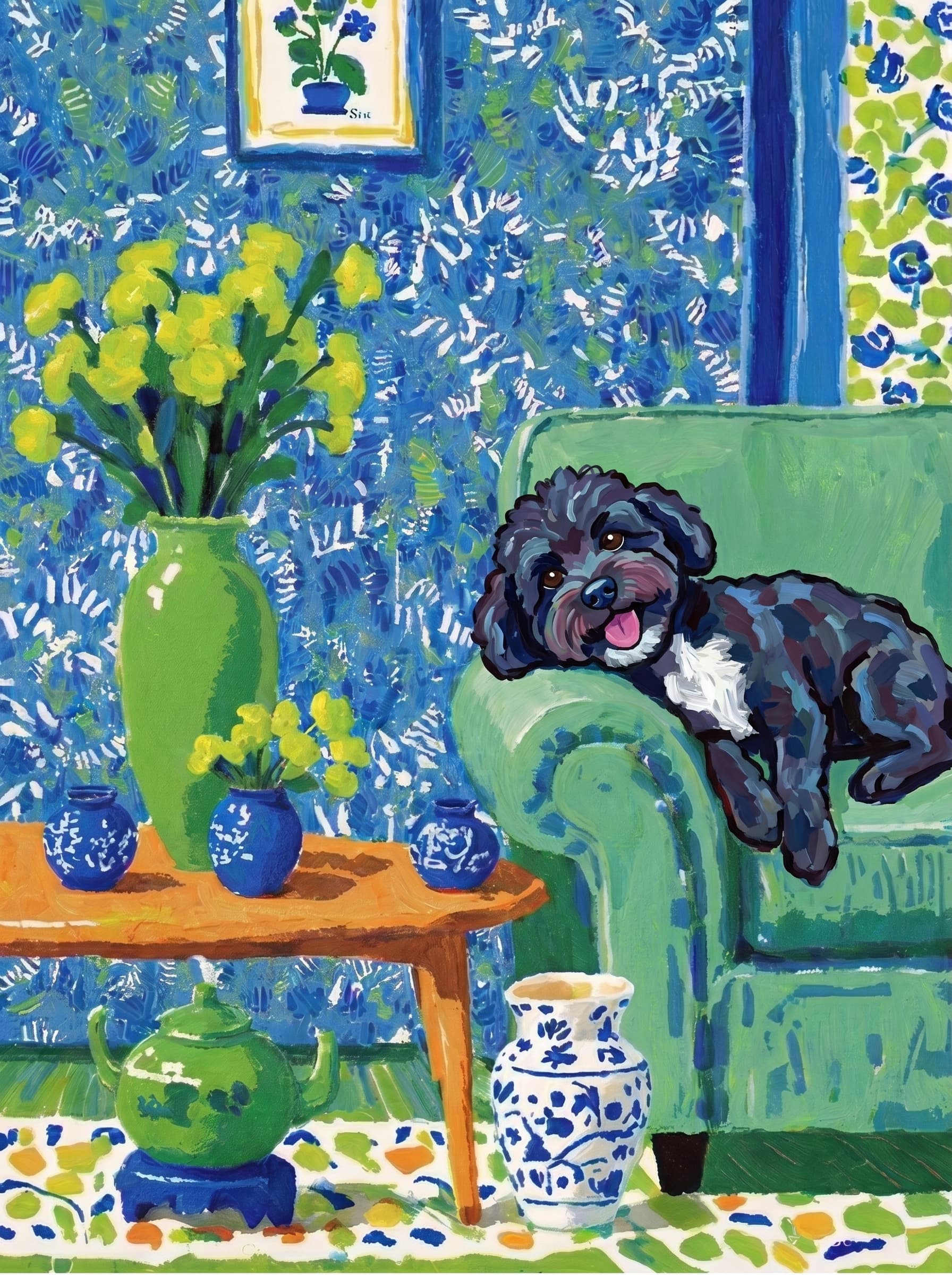 A pet lazy lying on the couch, with head tilt on the edge of couch, eye looking at the the vase. Art Style: Paint in Fauvism, post-impressionism style. Use simplified shapes, exaggerates color, and flattens perspective to create charm and personality.
Use saturated, non-naturalistic colors and flattened perspective reminiscent of Henri Matisse.
The brushwork is loose, visible, and painterly, with uneven strokes that give the surface texture and movement.
Paint with large areas of flat color patches, simplified shapes, bold decorative outlines, and minimal blending.
The composition is flattened and slightly distorted, with compressed perspective.
The painting is expressive, utilizing thick, confident strokes and quick, rhythmic marks that prioritize texture and visual energy over realistic blending or depth.