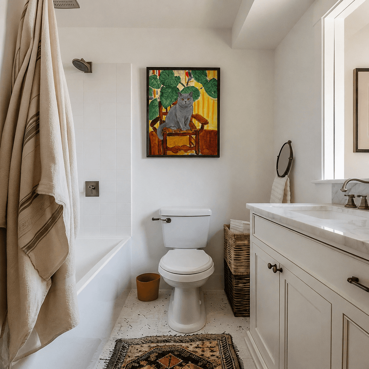 Bathroom gallery wall with impressionist pet artwork - image 1
