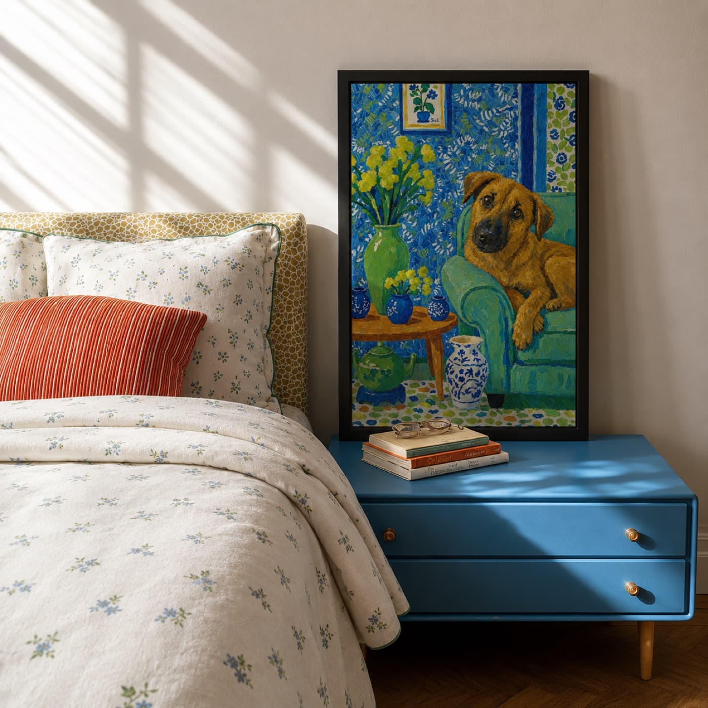 Bedroom gallery wall with impressionist pet artwork - image 1