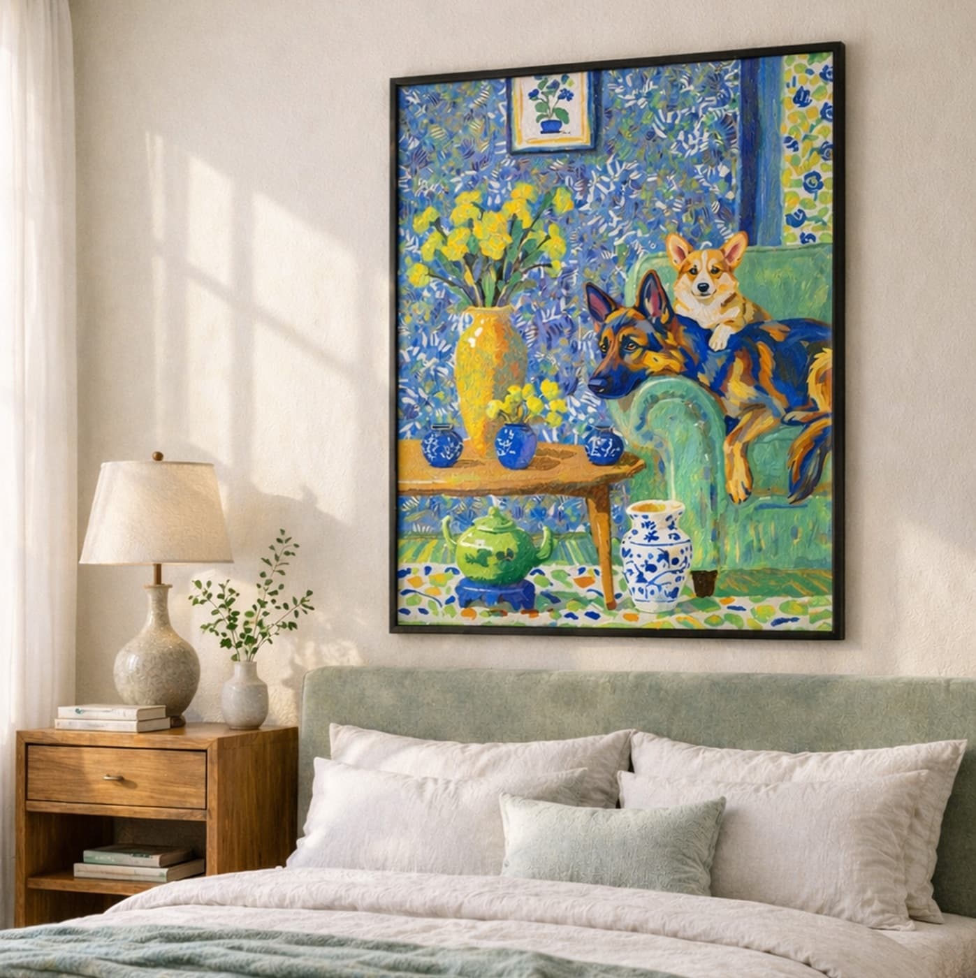 Bedroom gallery wall with impressionist pet artwork - image 3