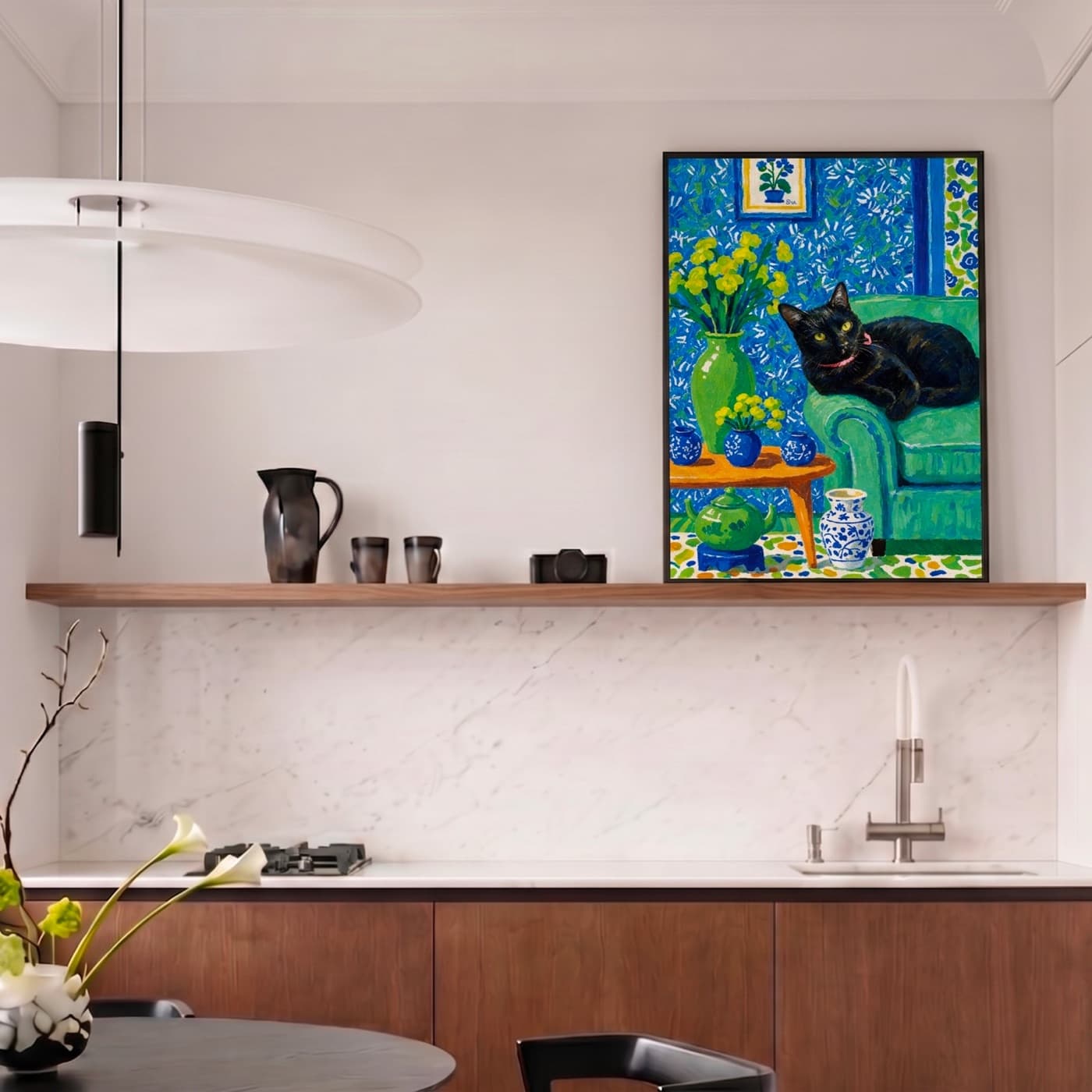 Dining Room gallery wall with impressionist pet artwork - image 1