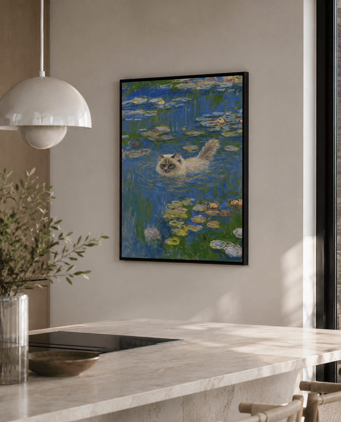 Kitchen gallery wall with impressionist pet artwork - image 1