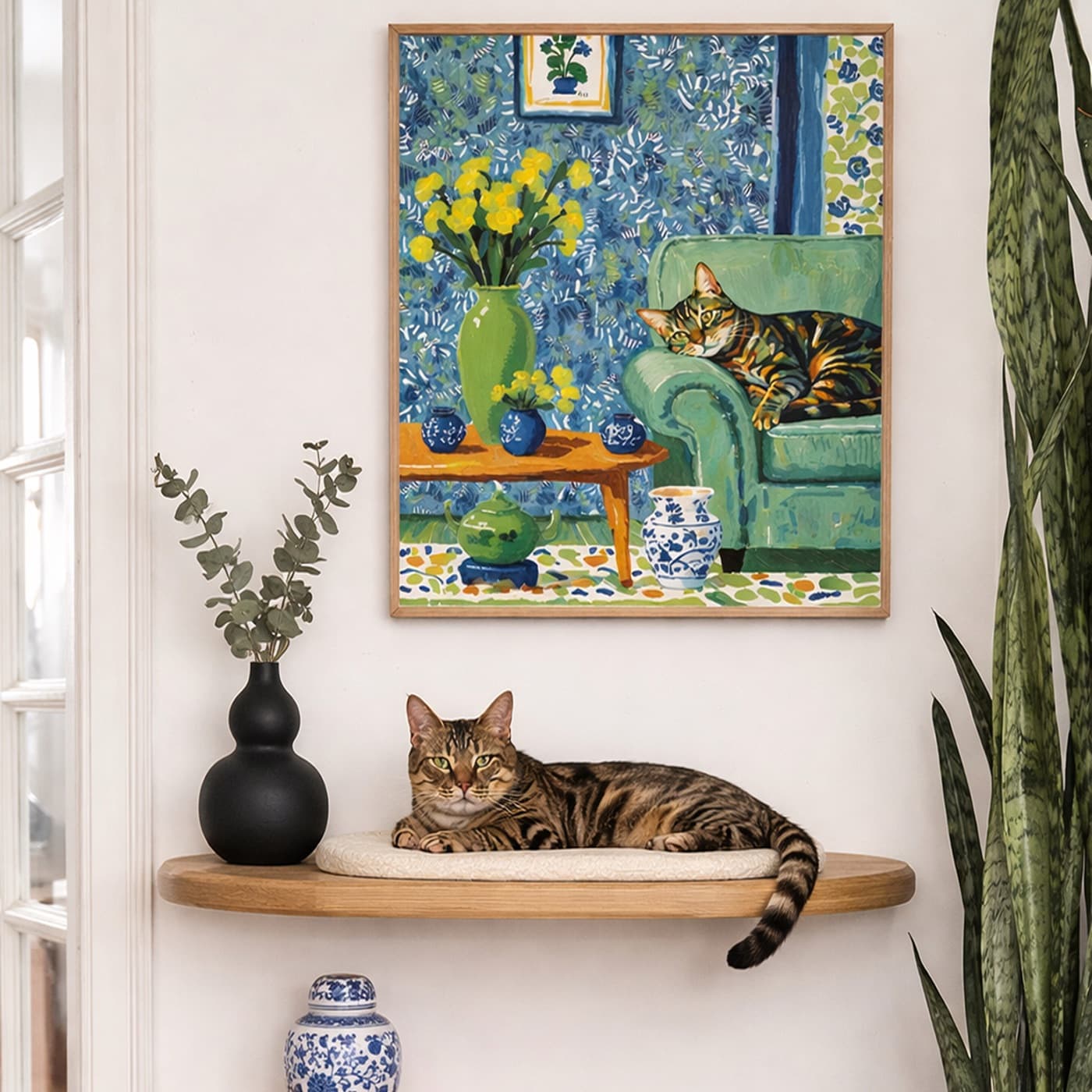 Living Room gallery wall with impressionist pet artwork - image 2
