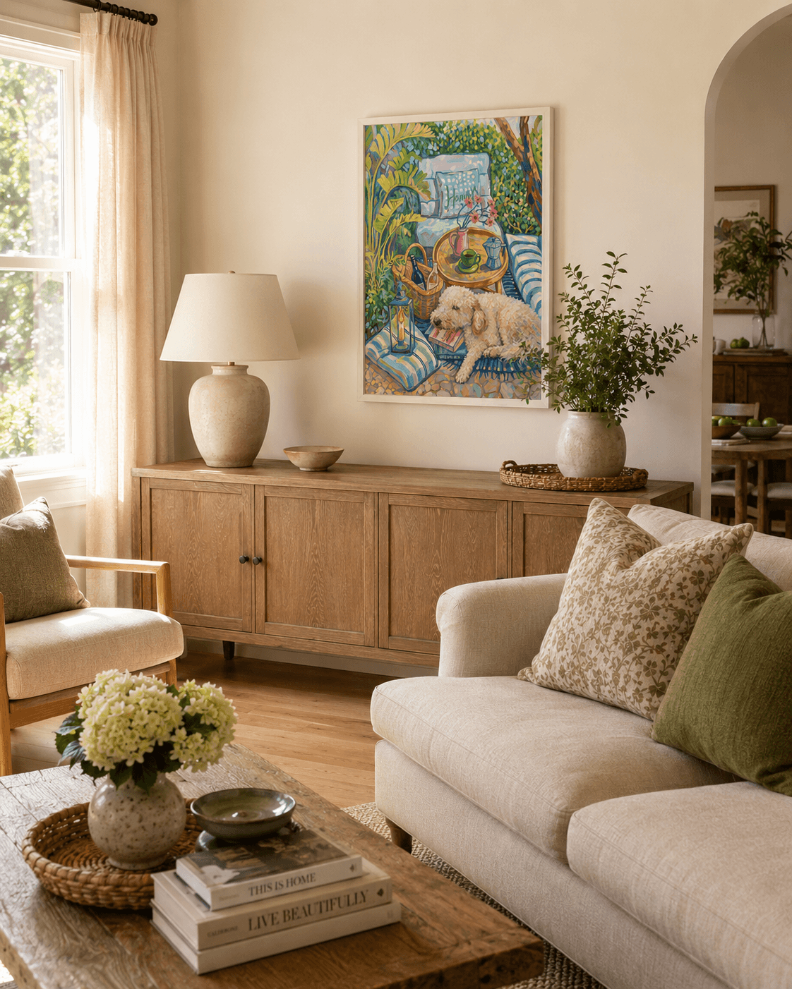 Living Room gallery wall with impressionist pet artwork - image 2
