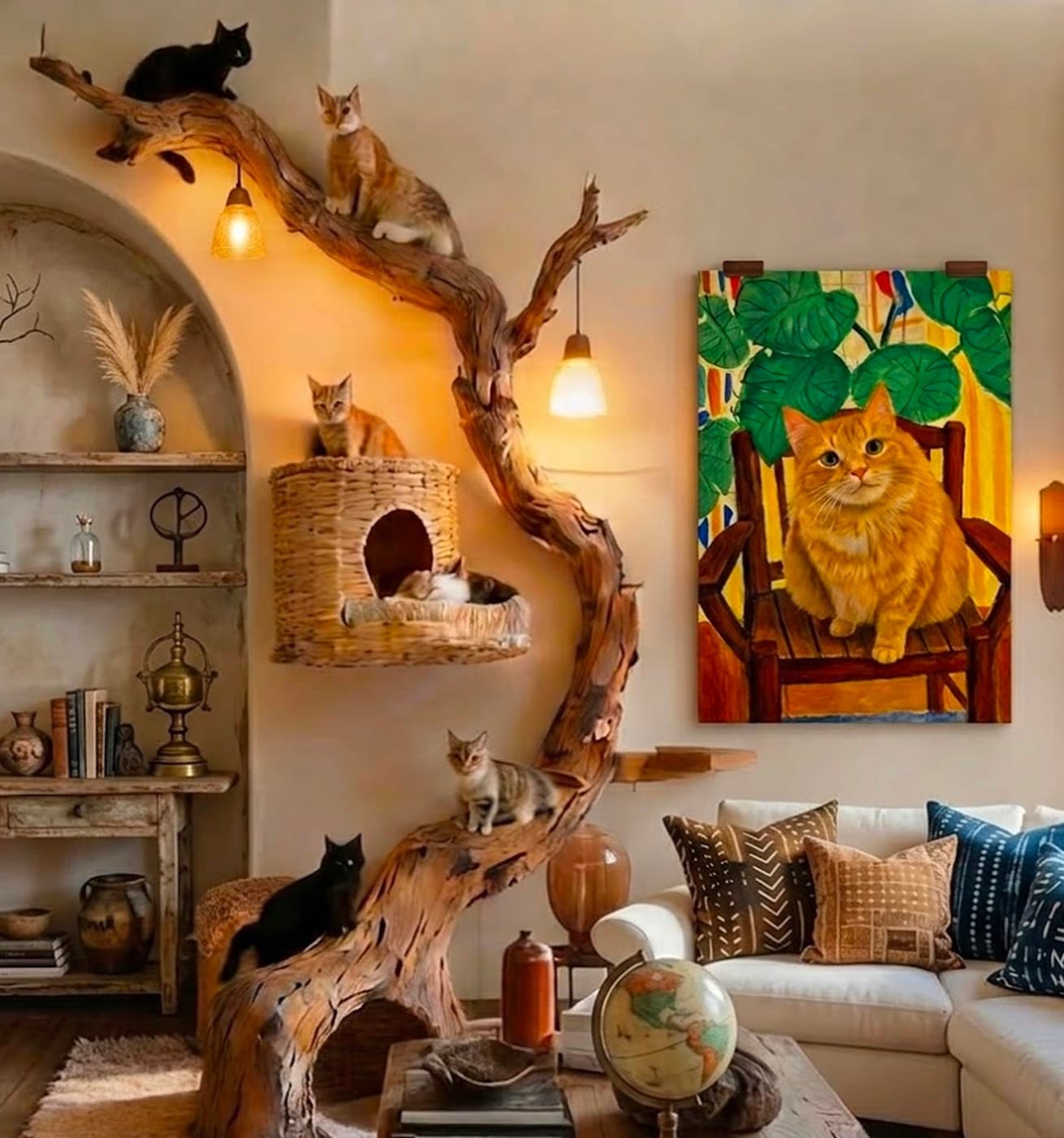 Living Room gallery wall with impressionist pet artwork - image 3