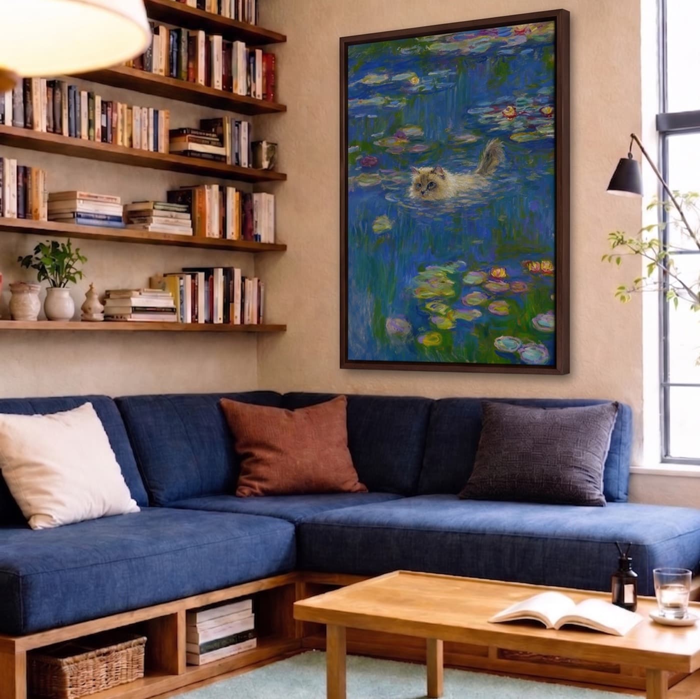 Living Room gallery wall with impressionist pet artwork - image 4