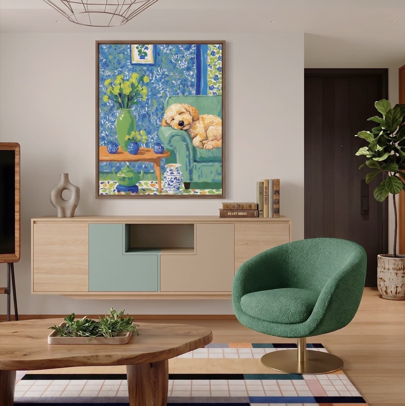 Living Room gallery wall with impressionist pet artwork - image 5