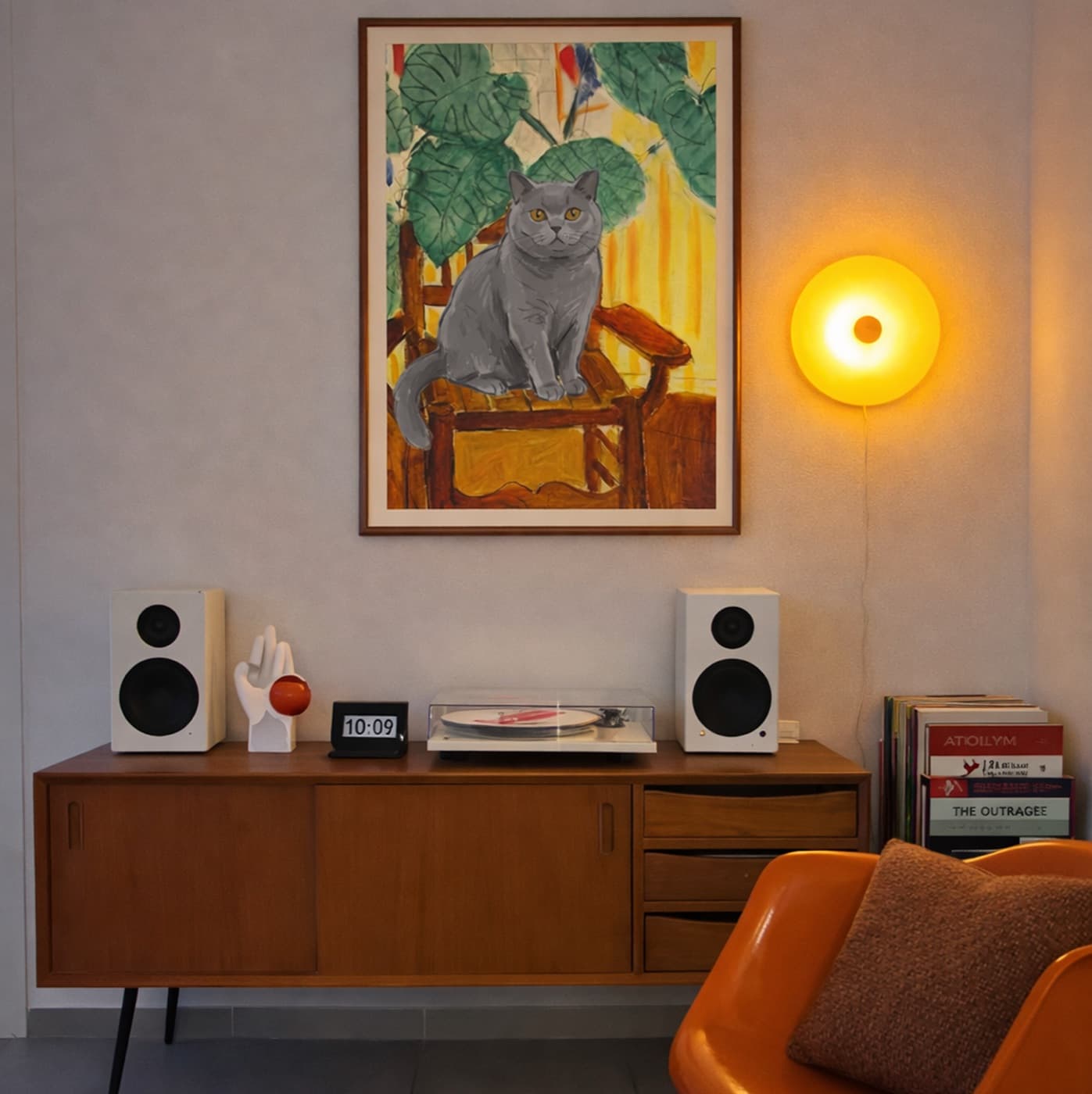 Living Room gallery wall with impressionist pet artwork - image 6