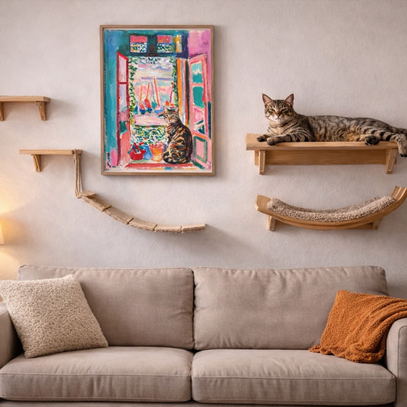Living Room gallery wall with impressionist pet artwork - image 7