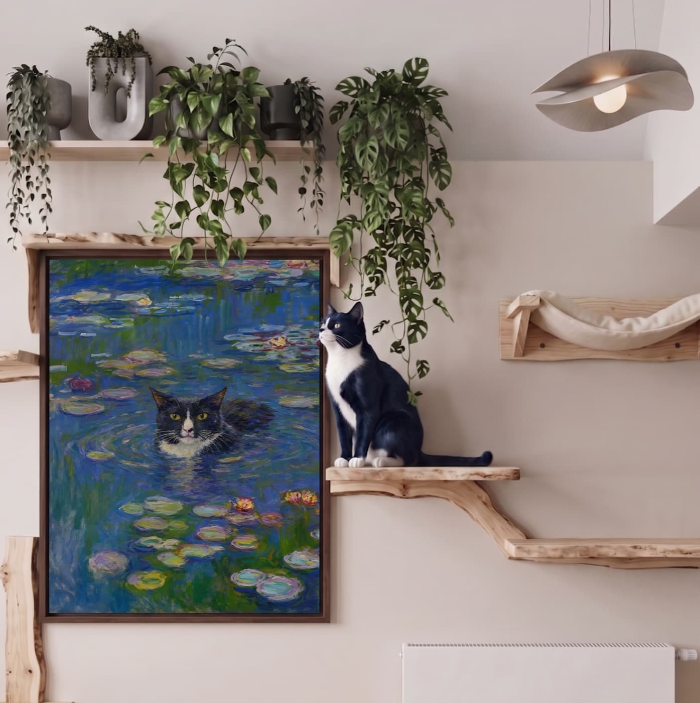 Living Room gallery wall with impressionist pet artwork - image 8