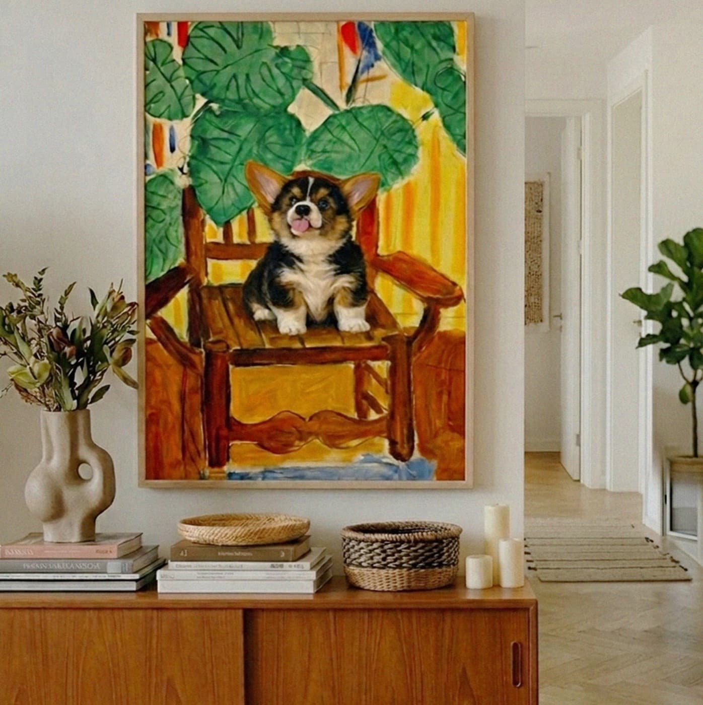 Living Room gallery wall with impressionist pet artwork - image 9