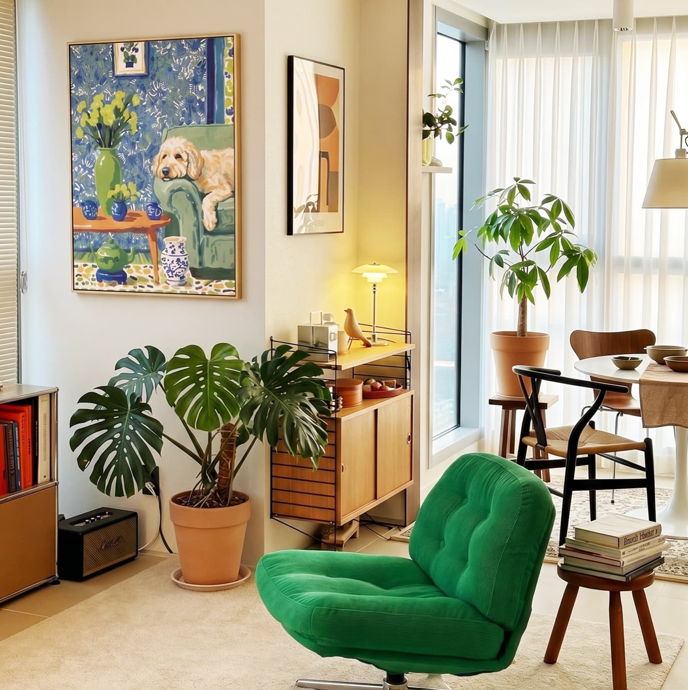 Living Room gallery wall with impressionist pet artwork - image 13