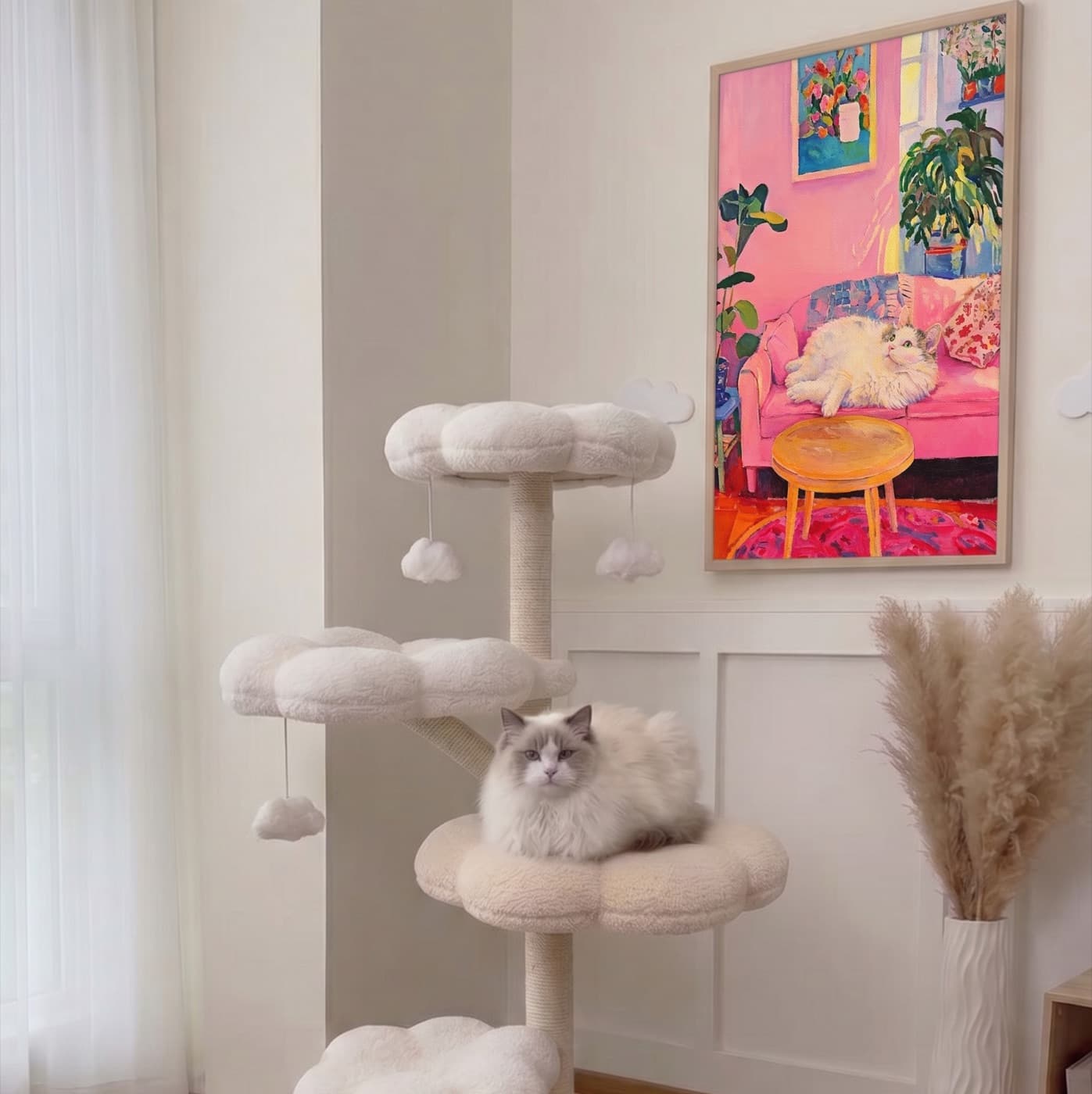 Living Room gallery wall with impressionist pet artwork - image 15