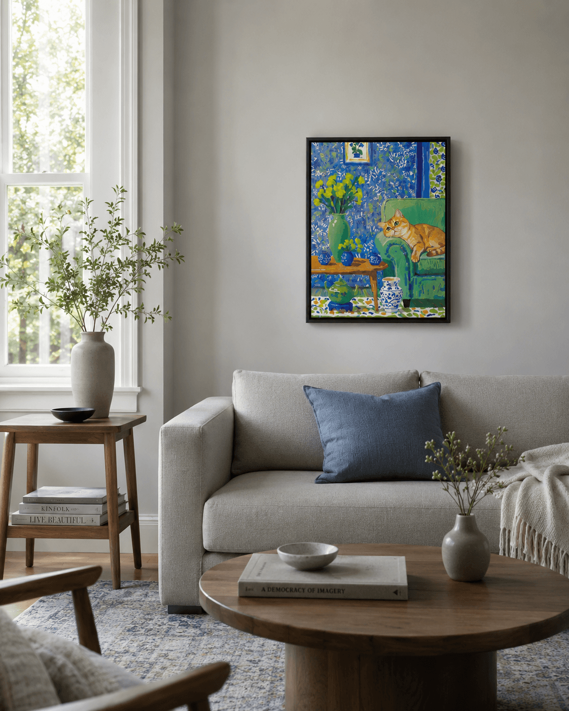 Living Room gallery wall with impressionist pet artwork - image 2