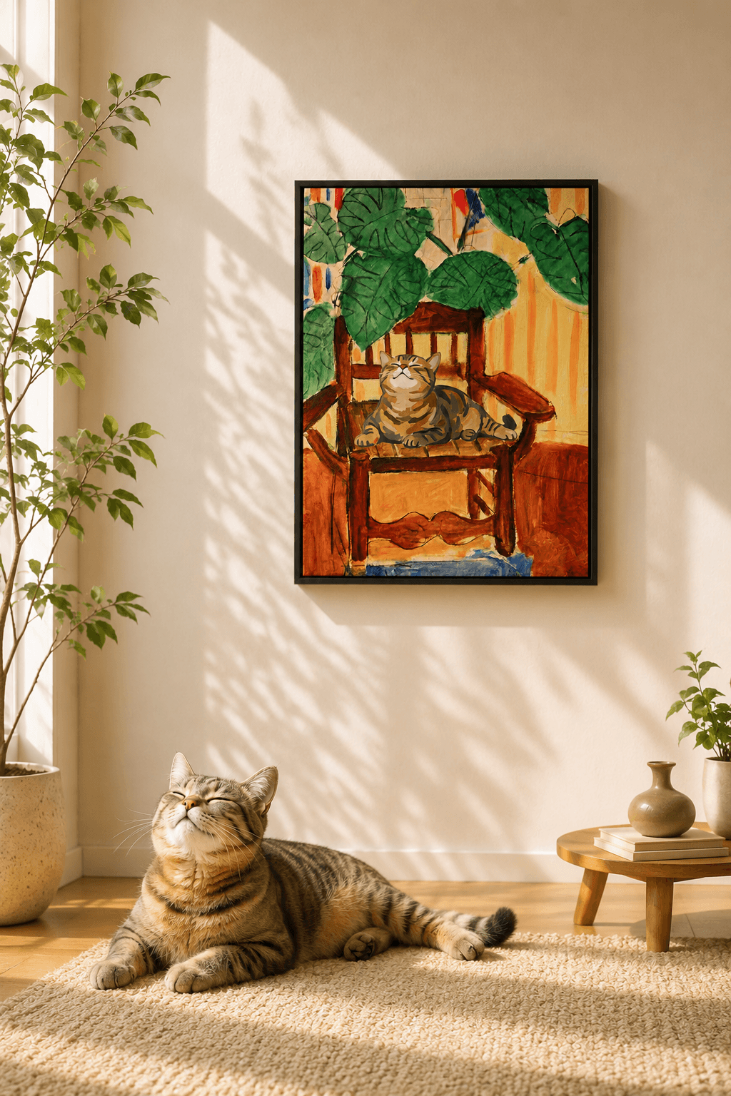 Living Room gallery wall with impressionist pet artwork - image 1