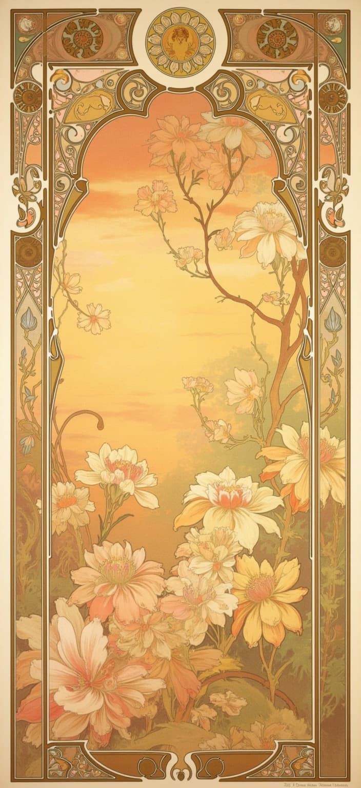 mucha, Enriched prompt: Imagine a breathtaking painting centered on a digital wallpaper showcasing the serene beauty of morning fresh flowers at sunrise. The flowers, adorned with sparkling morning dew, capture the first light of day, their vibrant colors illuminated in warm, golden hues. This scene is brought to life with flowing, organic lines, inspired by the Art Nouveau style, characterized by intricate decorative patterns and a harmonious blend of natural motifs.
The background is a highly stylized, dreamlike landscape, where delicate, muted colors seamlessly blend with exuberant floral motifs. Sinuous vines and blooming flowers gracefully intertwine, creating a romantic aesthetic. Subtle geometric patterns and celestial elements, reminiscent of Mucha’s signature style, enhance the composition, adding a refined, ornamental quality.
This enchanting scene is encapsulated within an elaborate ornamental frame, its sweeping curves and detailed embellishments reminiscent of a grand Gothic window. The intricate border, adorned with organic patterns, flowers, and celestial symbols, not only unifies the piece but also invites viewers into a poetic realm where nature and human emotion harmoniously blend. This captivating digital wallpaper is ideal for adding a touch of elegance and tranquility to any space.
